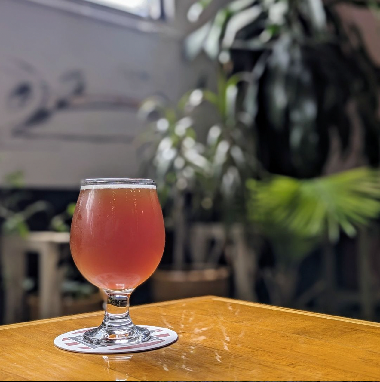 A glass of Lil' Pucker Barrel Aged Sour, with blurred green plants and a sign in the background.
