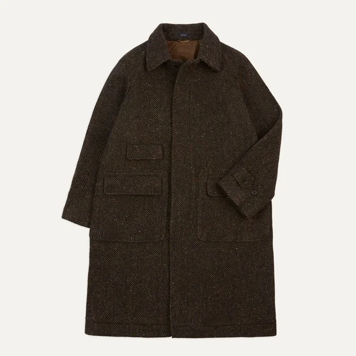 Drake's Brown Herringbone Wool Raglan Coat