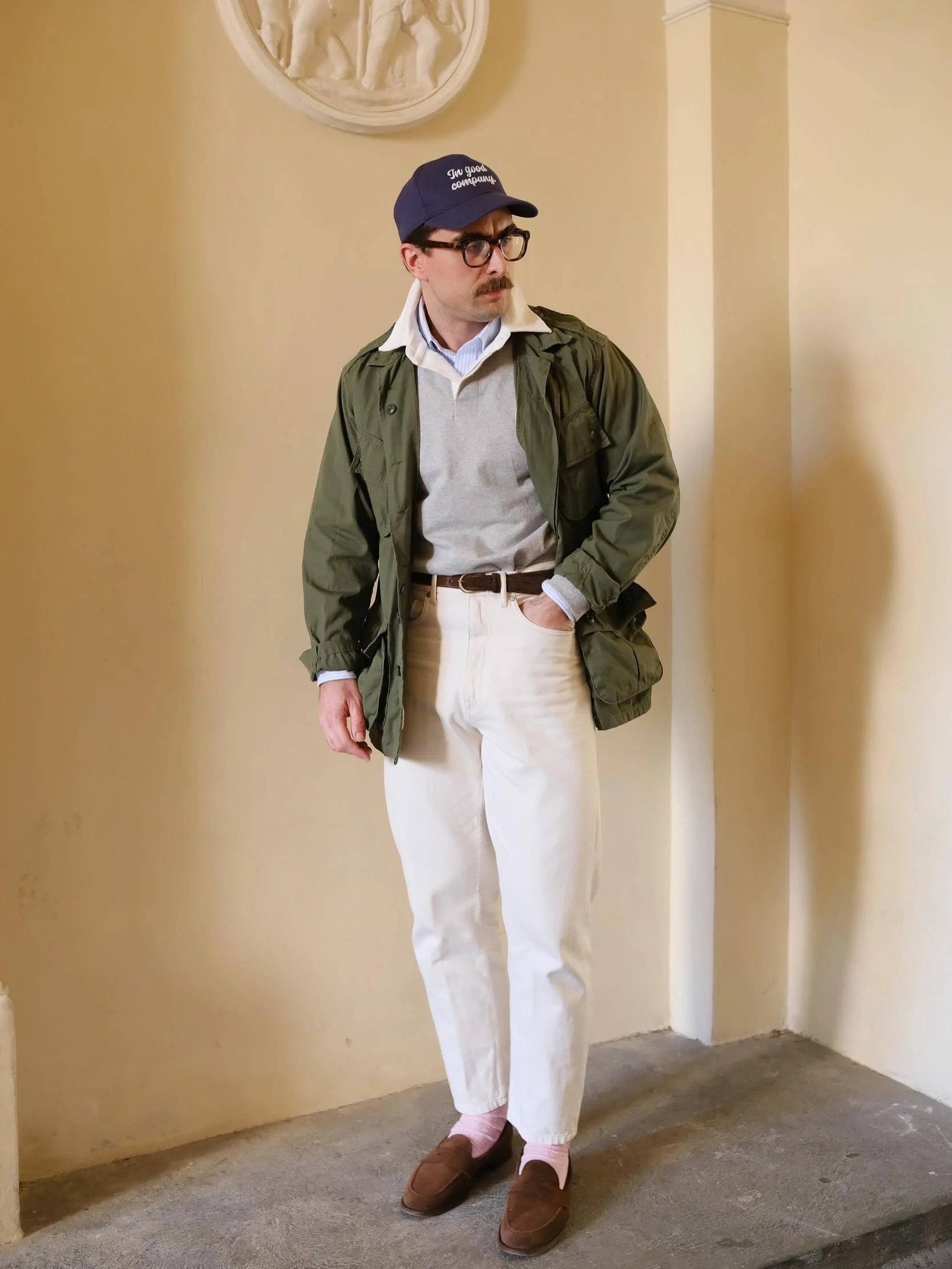 Spring looks 🌸 Weekend layers
.
Cap: @poszetkacom 
Glasses:&nbsp;@bantonframeworks
Jungle jacket: @buzzricksons_official 
Rugby Shirt: @poszetkacom 
Shirt: @poszetkacom 
Belt: @sartolane 
Jeans: @ateliersdenimes 
Socks:&nbsp;@pedemeia_socks
Loafers:
