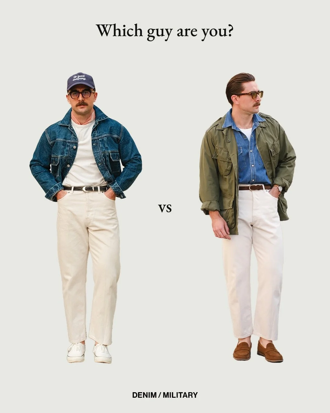 Ecru jeans, different vibe - casual edition.
Which guy are you?
.
.
.
.
.
#classicmenswear #aldenarmy #buzzricksons #fortela #merzbschwanen