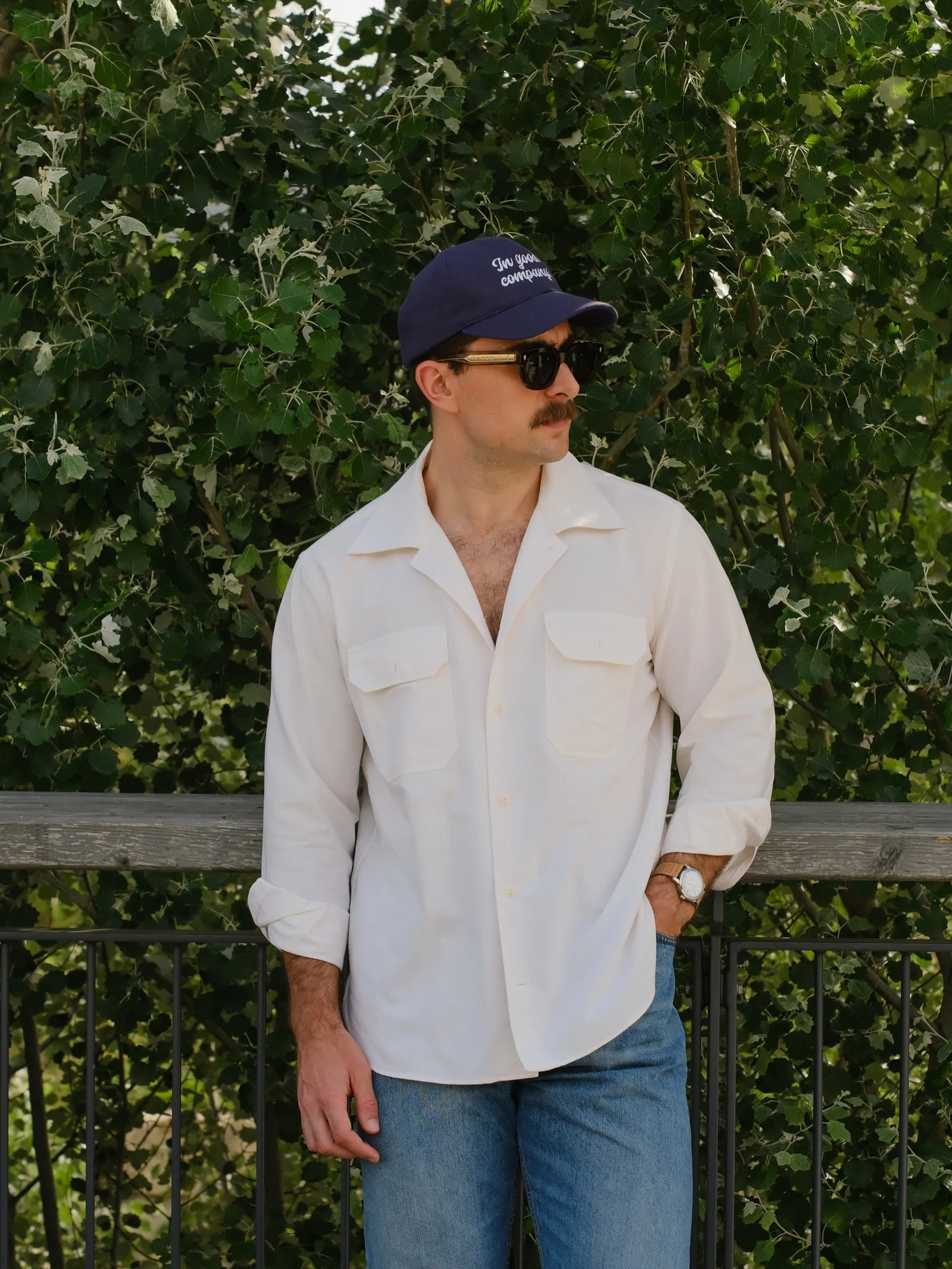 Back to basics: blue jeans, an off-white Summer Shirt, and suede penny loafers. An extra button undone and a cap make the whole look even more relaxed.

This has been my go-to outfit since the weather got warmer, and I can already tell this will be m