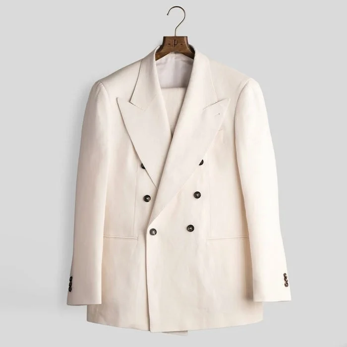 Poszetka Double-breasted Pearl White Linen Jacket