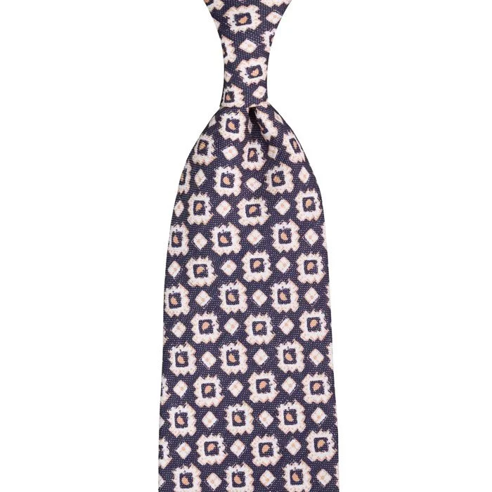 Shibumi Firenze Floral Printed Silk / Linen Tie - Navy - Hand-Rolled