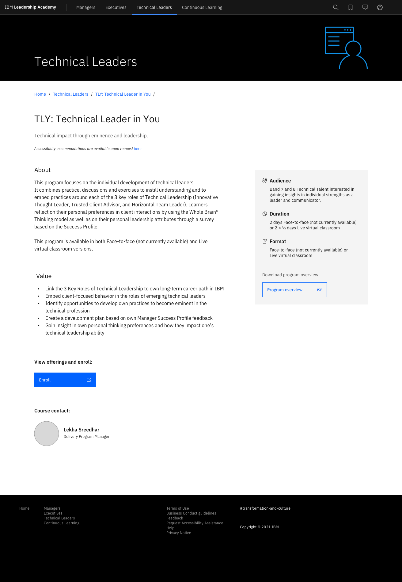 Example program page for the "Technical Leader in You" learning program, where users can learn more and enroll