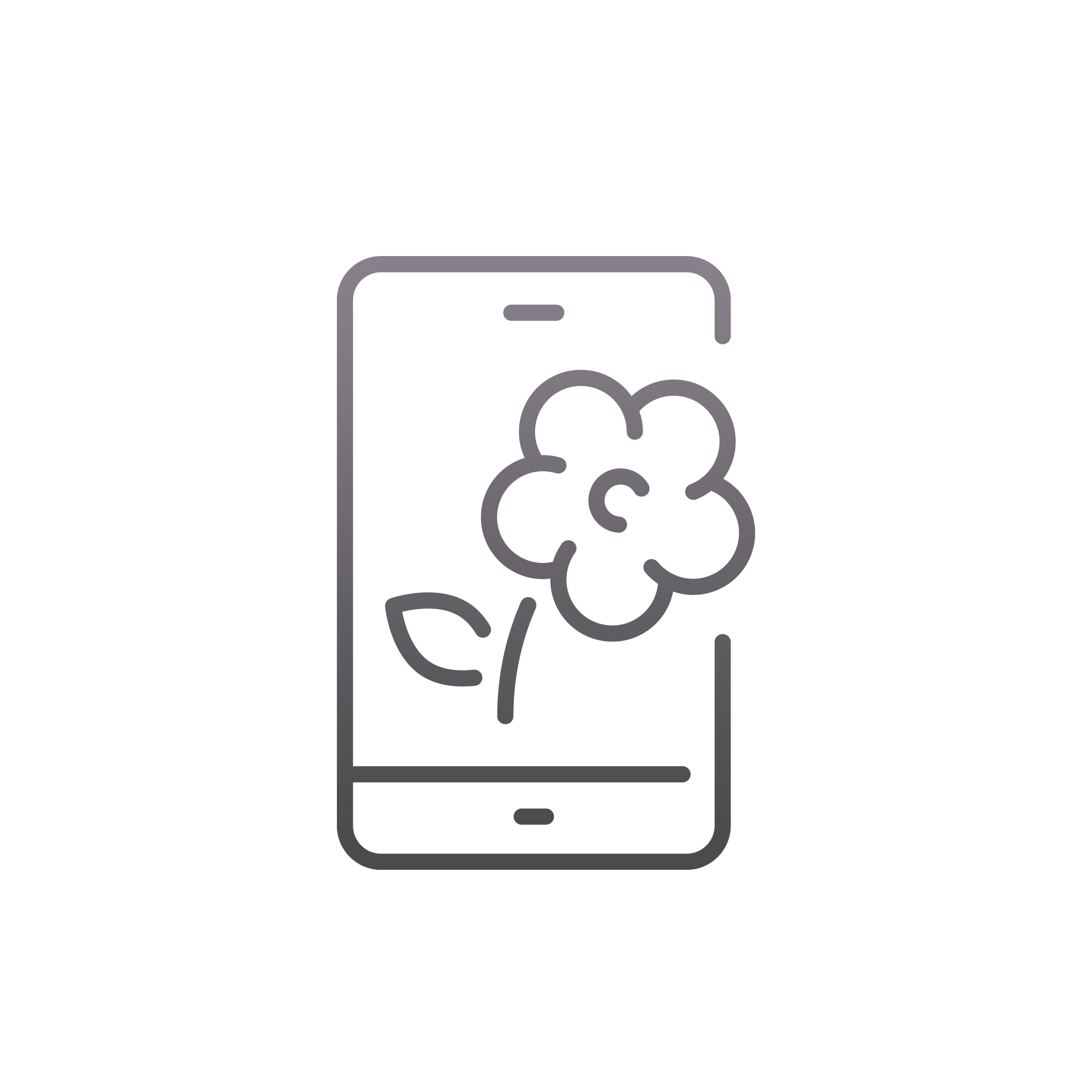 Outline illustration of a smartphone with a flower on the screen.