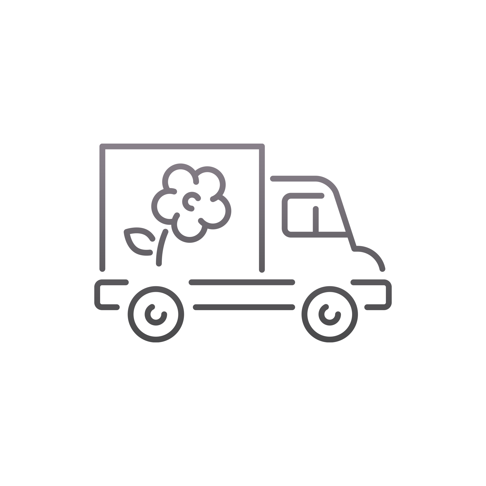 Line drawing of a delivery truck with a flower on its side.