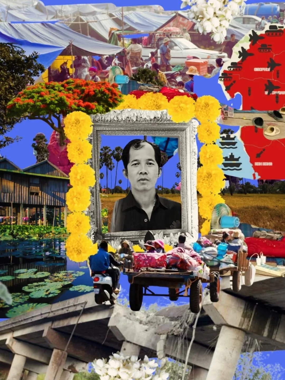 Collage of images from recent articles and reports about the situation in Cambodia, following Thai military aggression.  Also some images of nature that root me in home.

It's hard to make sense of senseless violence, politically motivated and uncari