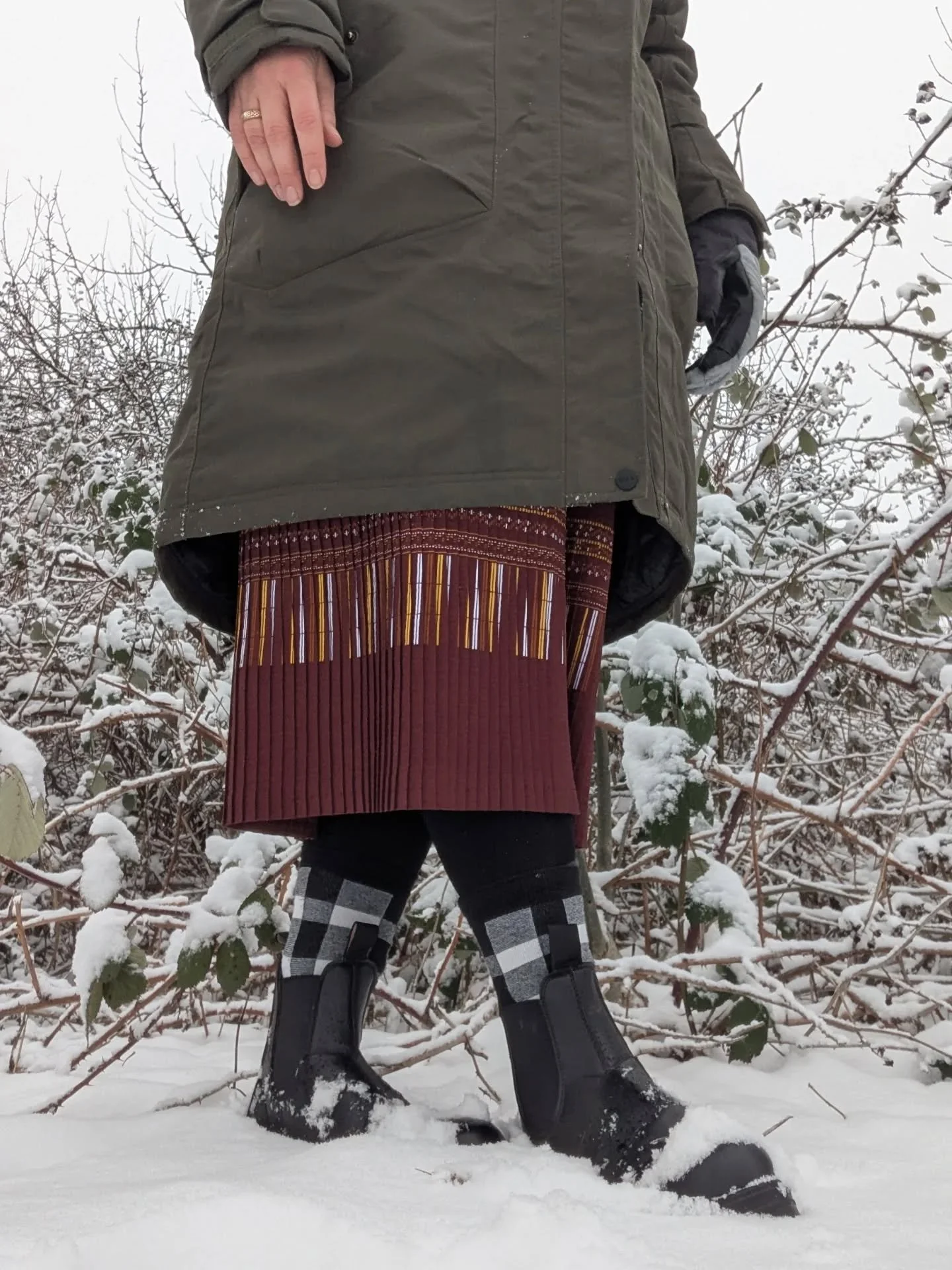 Pictures of frozen waters, an egret flying in the sky, and me wearing a samput in the snow