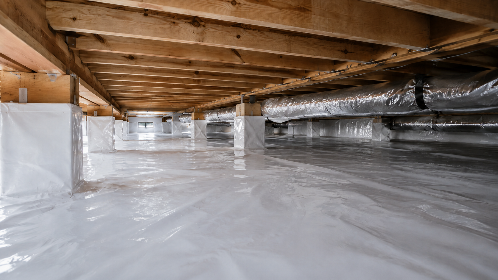 Sealed crawl space with white plastic and no floor insulation
