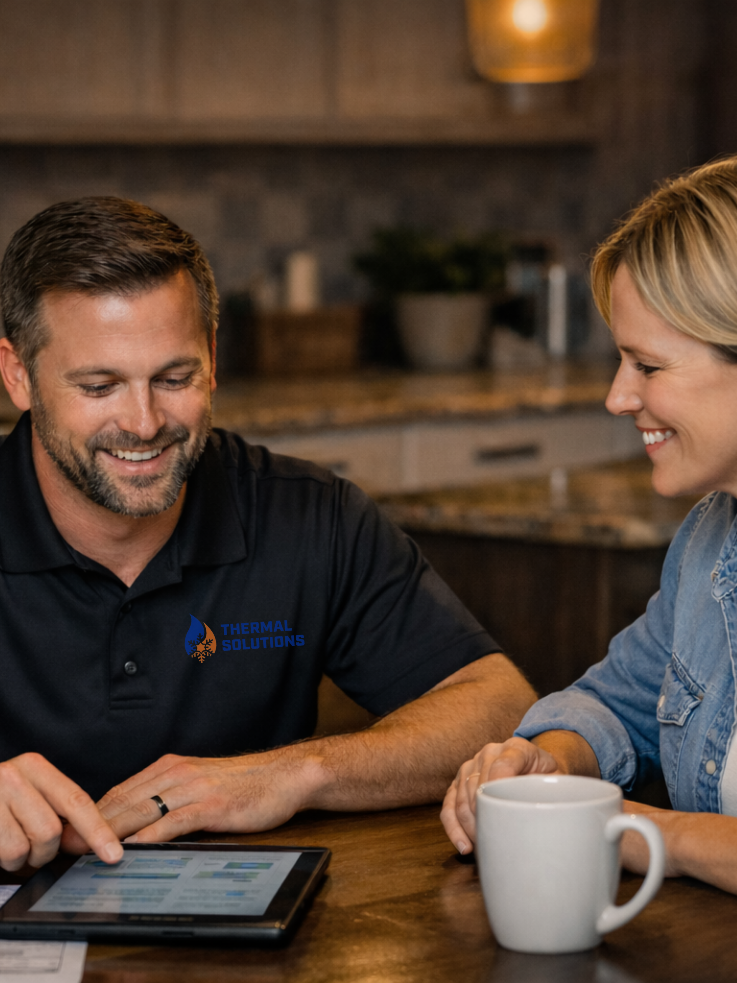 A man and woman are sitting at a table, looking at a tablet and smiling. The man is wearing a black polo shirt with a logo that says "Thermal Solutions." The woman has blonde hair and is wearing a blue denim shirt, with a white mug in front of her.