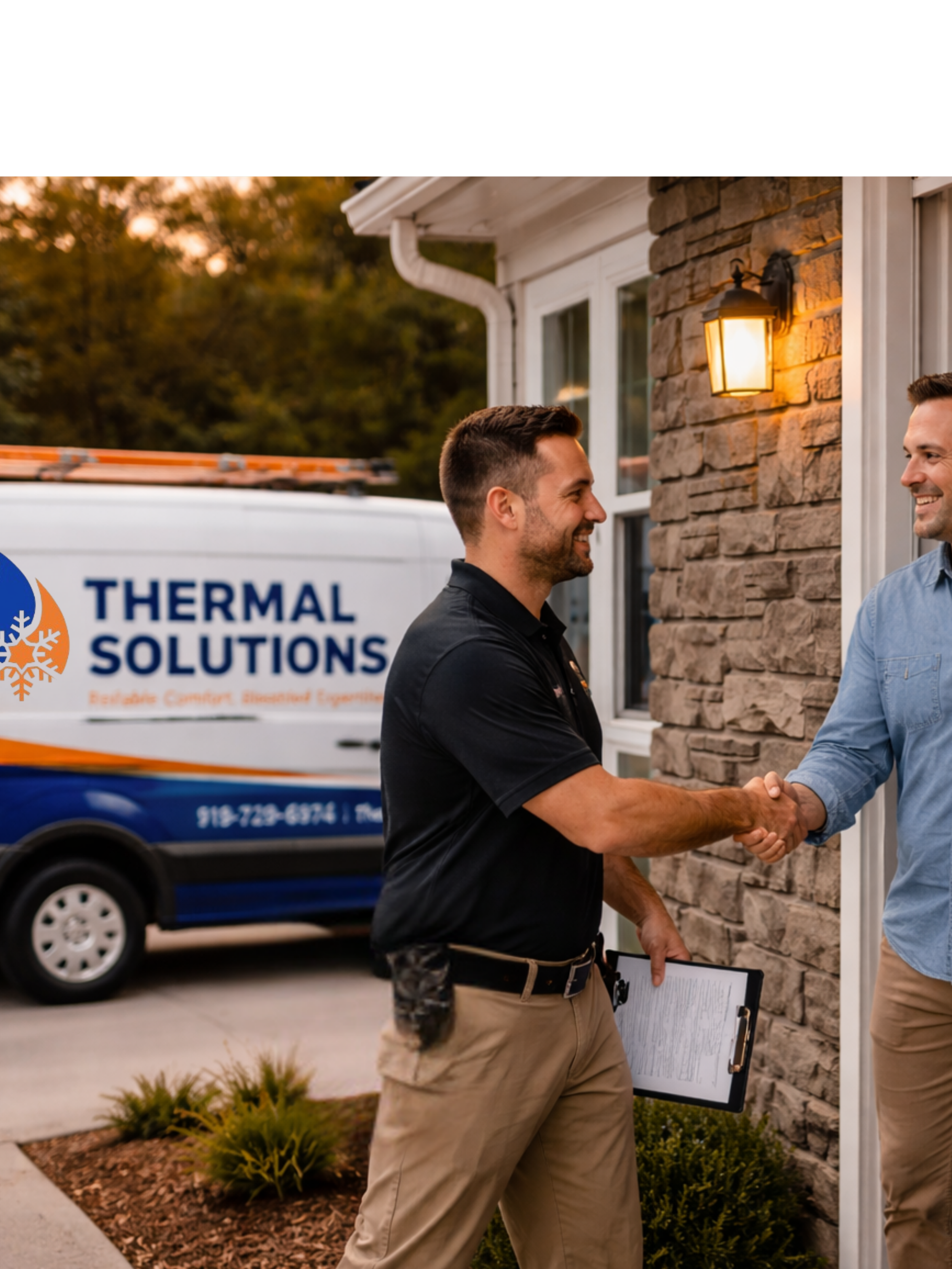 Two men shake hands outside a house at dusk, one holding a clipboard, with a company vehicle in the background labeled 'Thermal Solutions'.
