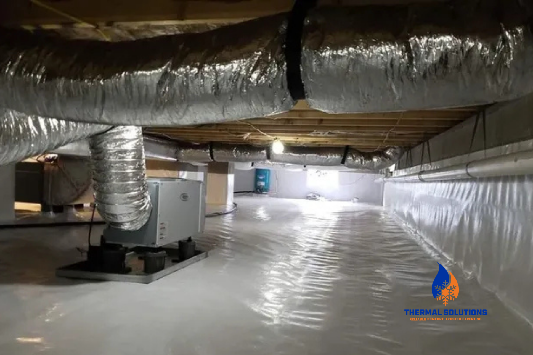 A crawlspace that is encapsulated with white plastic and a dehumidifier showing a completed sealed crawlspace performed by Thermal Solutions