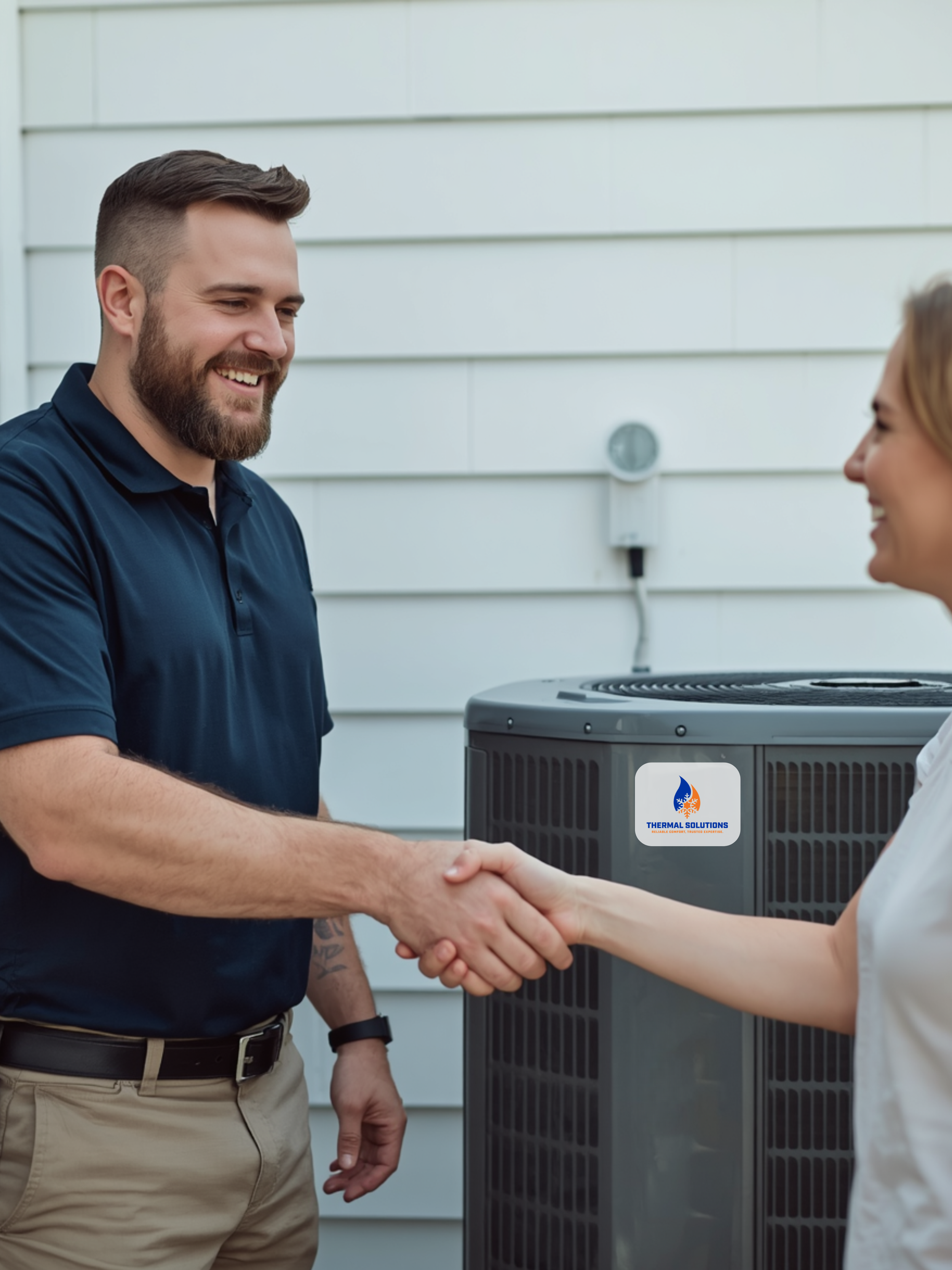 Man and woman shaking hands outdoors in front of a heat pump unit with a logo that reads 'Thermal Solutions'