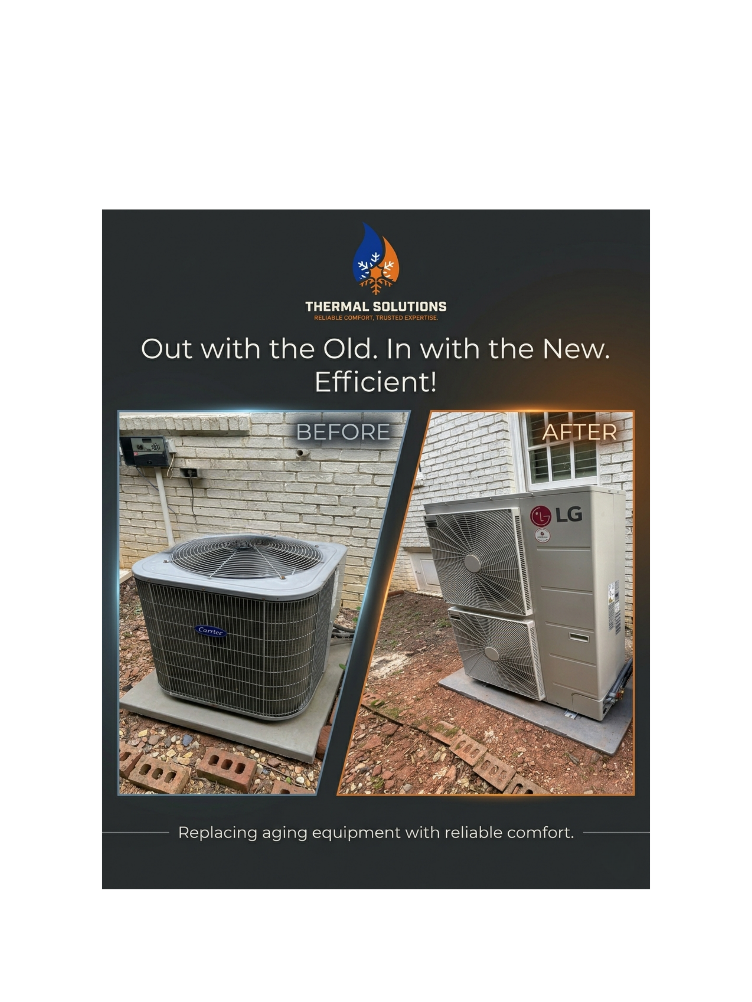 Advertisement showing a before and after comparison of an old air conditioning unit replaced with a new, more efficient LG model outdoor unit. The ad emphasizes replacing aging equipment with reliable comfort.