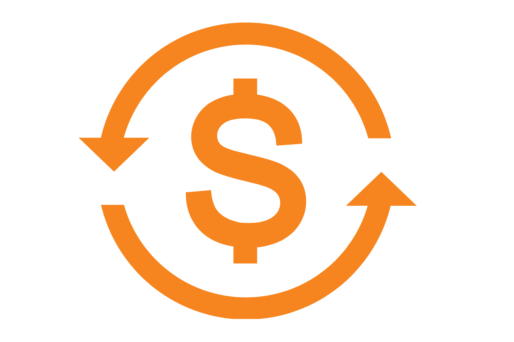 An orange dollar sign in the center with arrows circling around it, pointing clockwise and counterclockwise, symbolizing financial transactions or currency exchange.