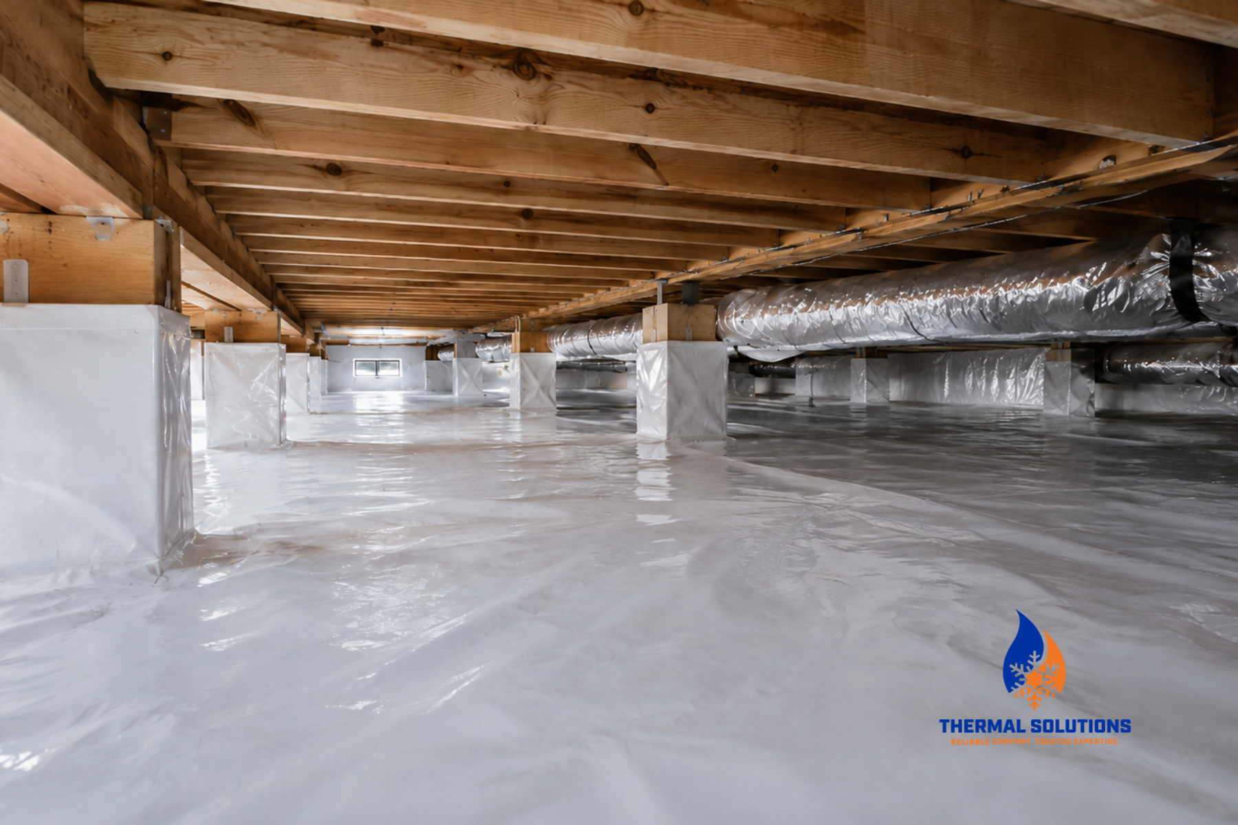 View of an crawl space with wooden beams and ductwork, covered in white insulating vapor barrier, showing insulation installation by Thermal Solutions.
