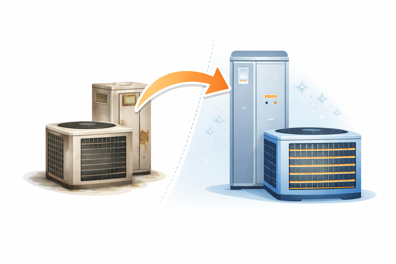 An illustration showing old, rusty air conditioning units on the left transforming into a new, shiny air conditioning unit on the right, with an orange arrow indicating the upgrade or replacement.
