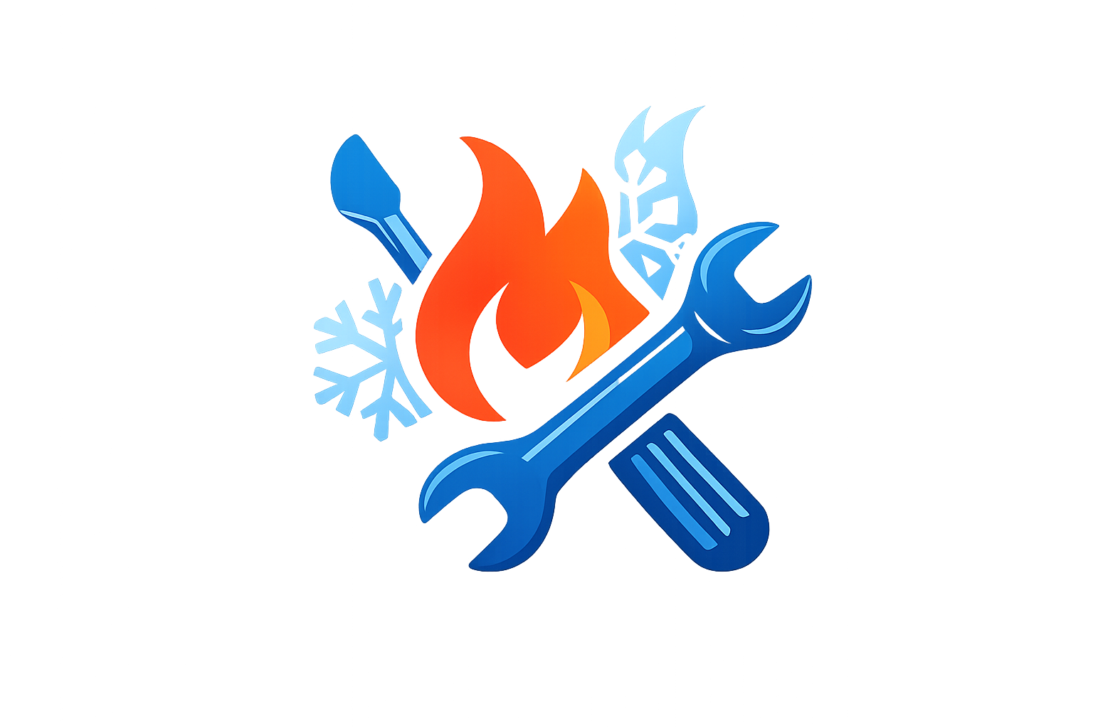 A graphic illustration showing a wrench, a gear, a snowflake, and a flame symbol, representing tools, mechanics, cold, and heat.