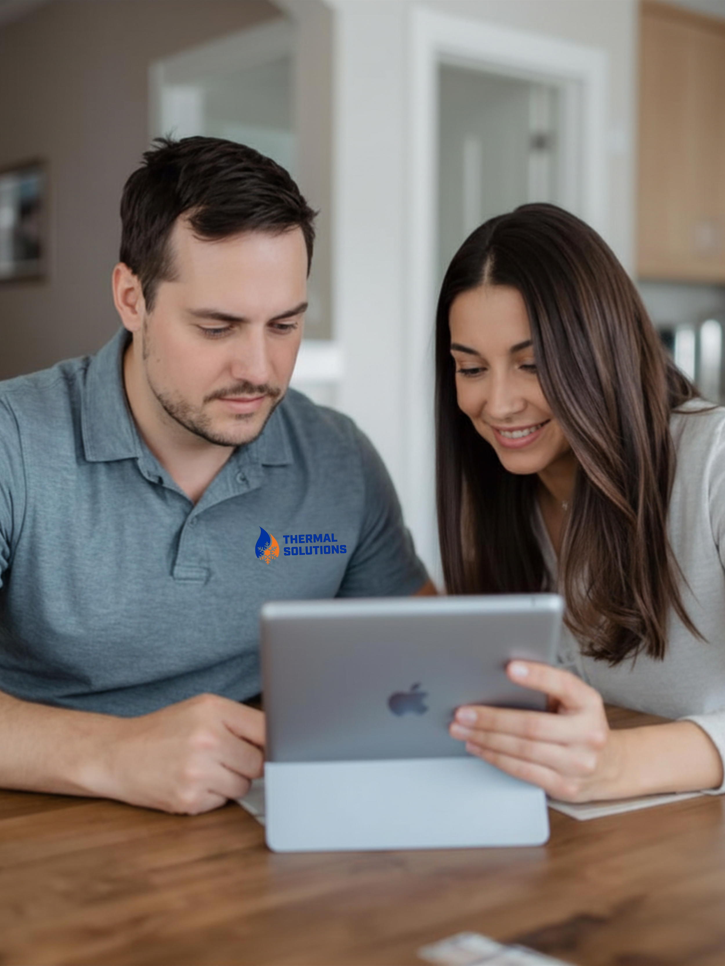 A man and a woman sitting at a table, looking at a tablet together. The man is wearing a gray polo shirt with a 'Thermal Solutions' logo. They are indoors, in a modern kitchen or living area.