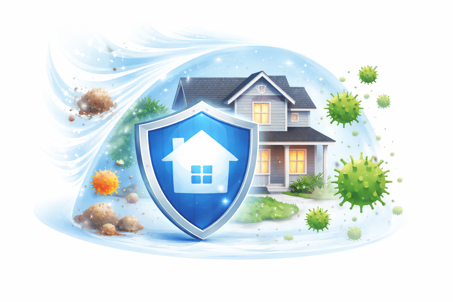 A house surrounded by a shield with a house icon, symbolizing home protection, with green virus particles indicating protection from illness, and a swirling blue and white background.