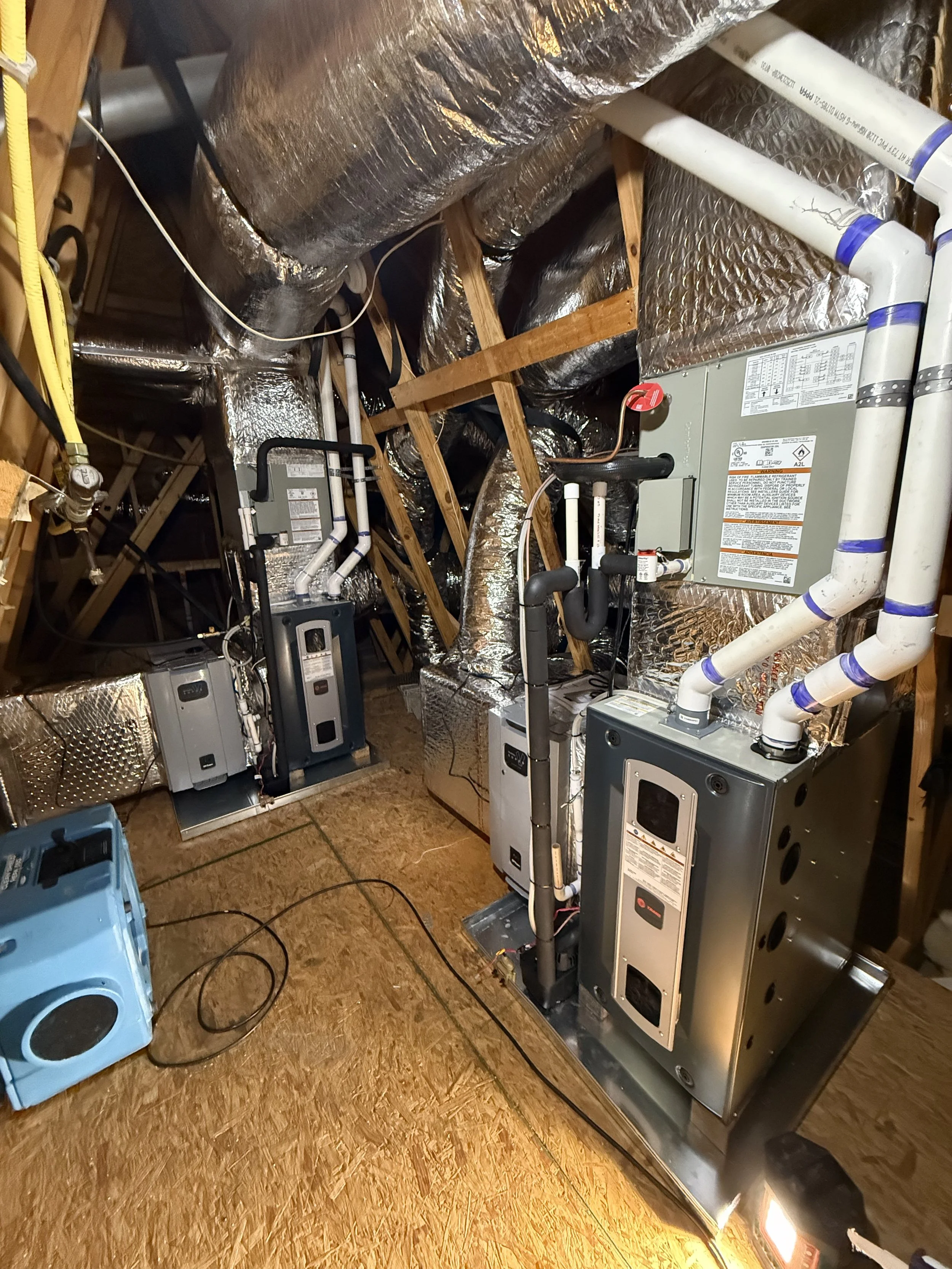 HVAC system with ductwork and equipment in an attic space