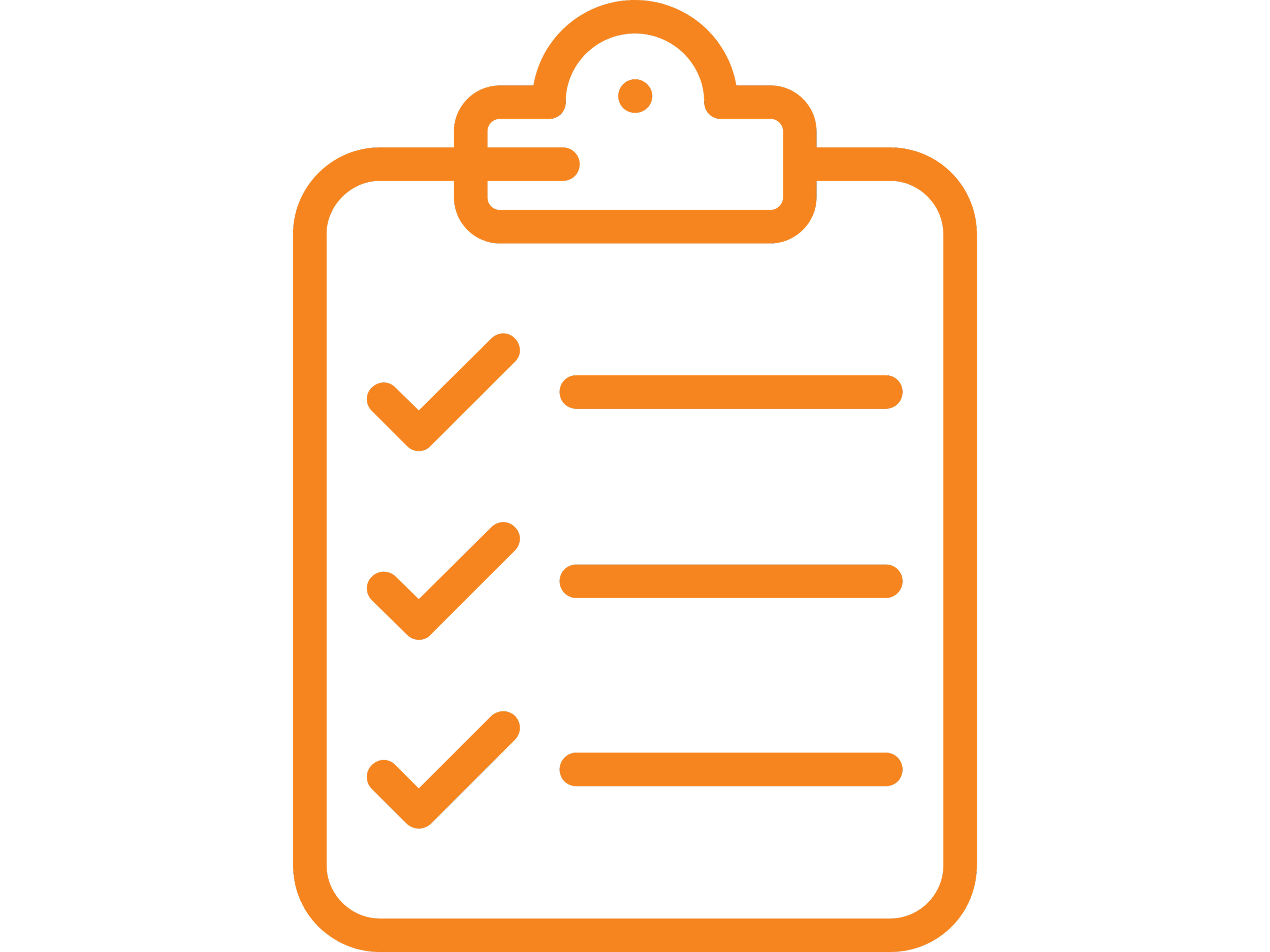 Outline illustration of a clipboard with checkmarks and a small file icon at the top, all in orange on a black background.