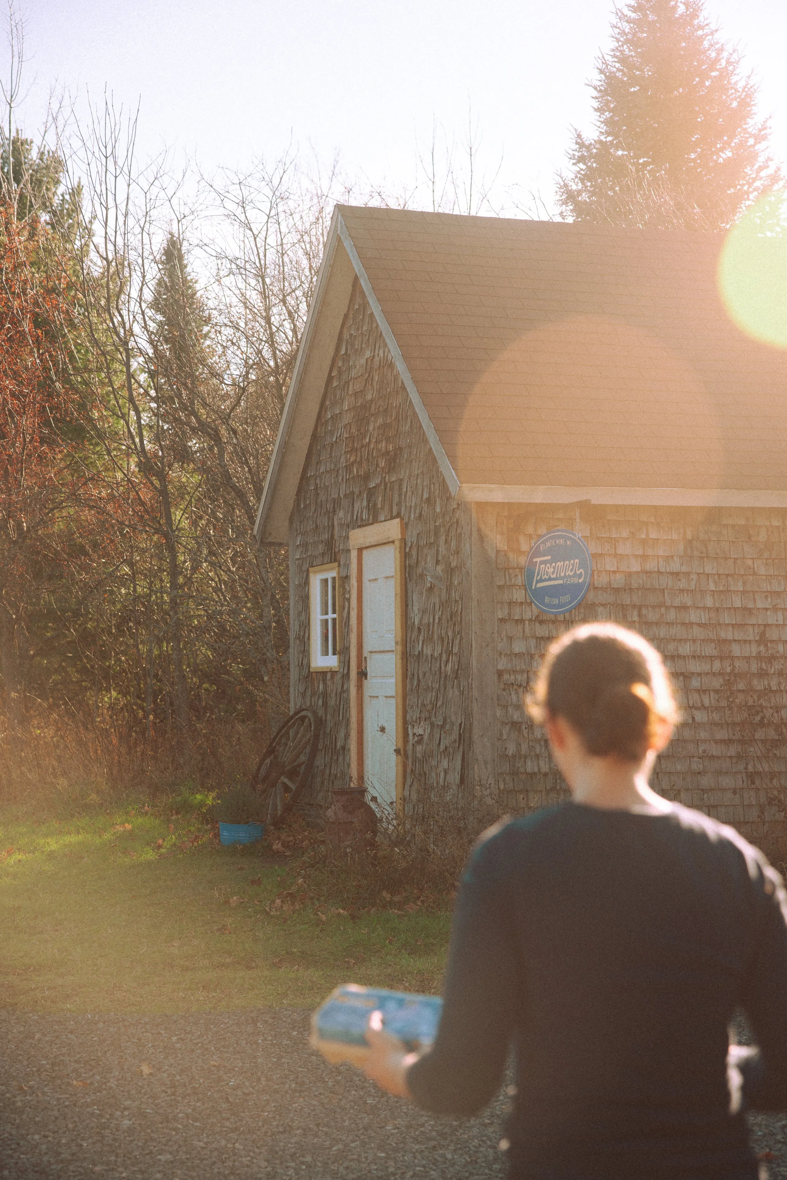 Person with short brown hair wearing a black shirt holding a book, standing outdoors near a rustic building with wooden shingles, surrounded by trees, with sun flare in the photo.