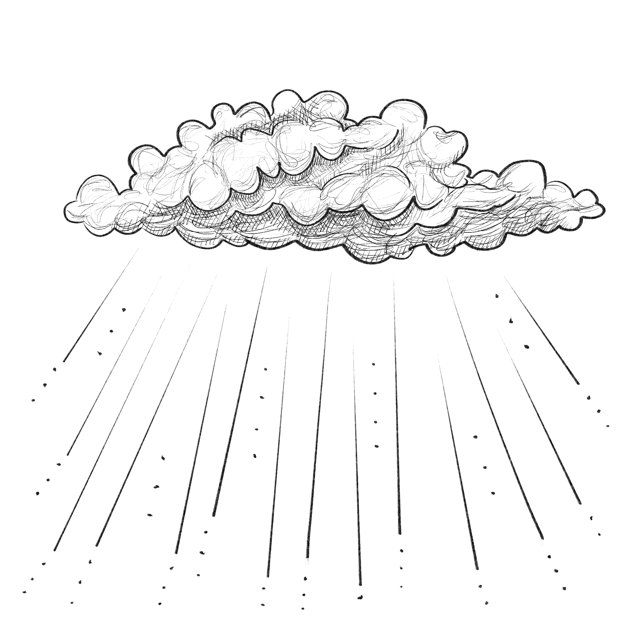 Black and white sketch of a cloud with rain rays.