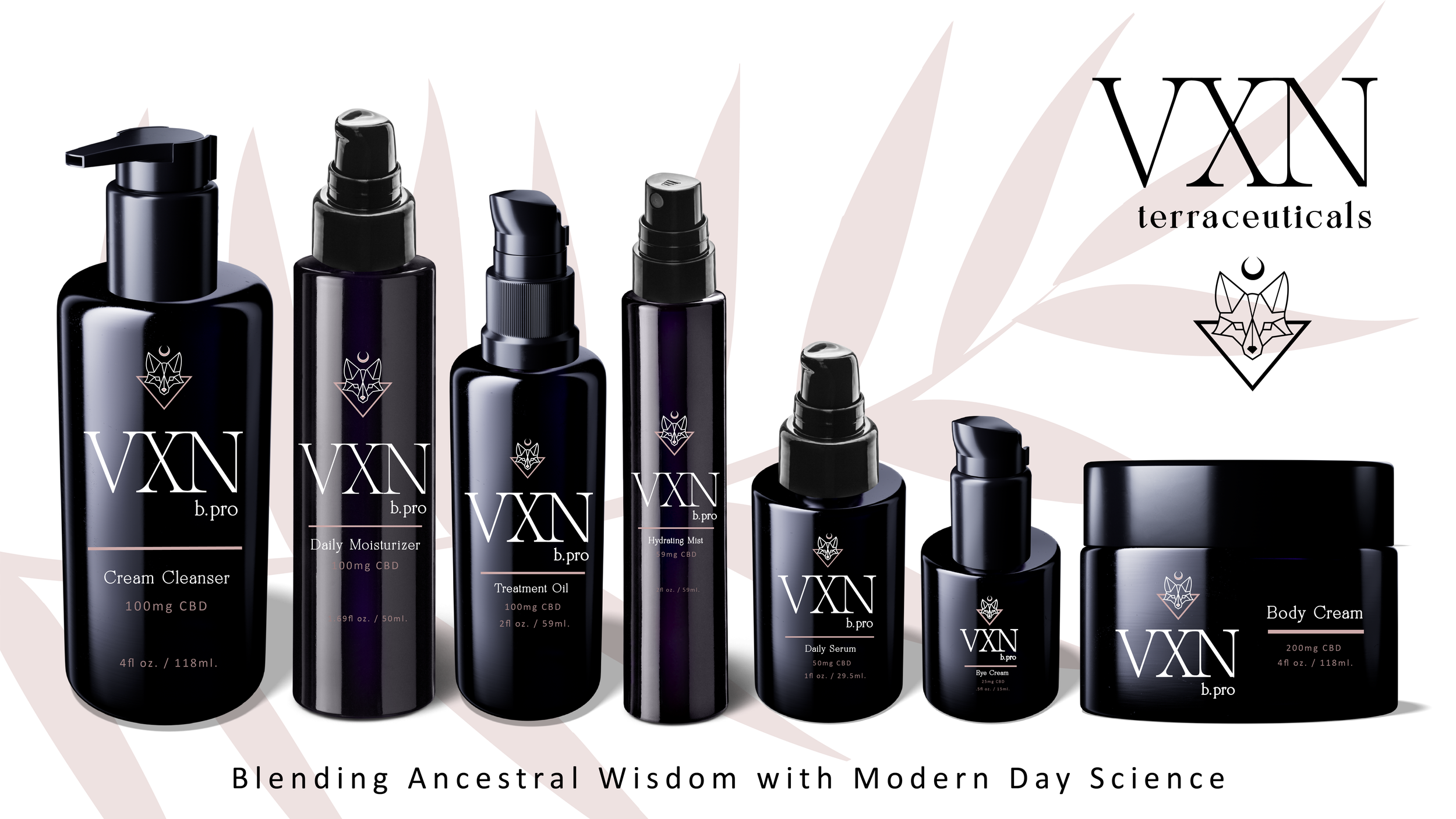 Collection of skincare and wellness products including cream cleanser, daily moisturizer, treatment oil, hydrating mist, daily serum, eye cream, and body cream in black bottles with white and purple accents, positioned in front of a beige leaf patter