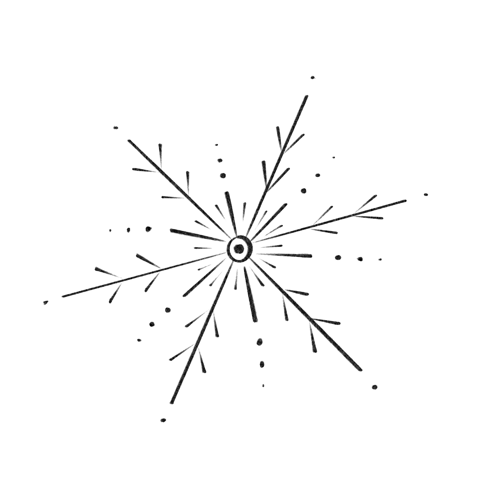 A black and white drawing of a snowflake with intricate details