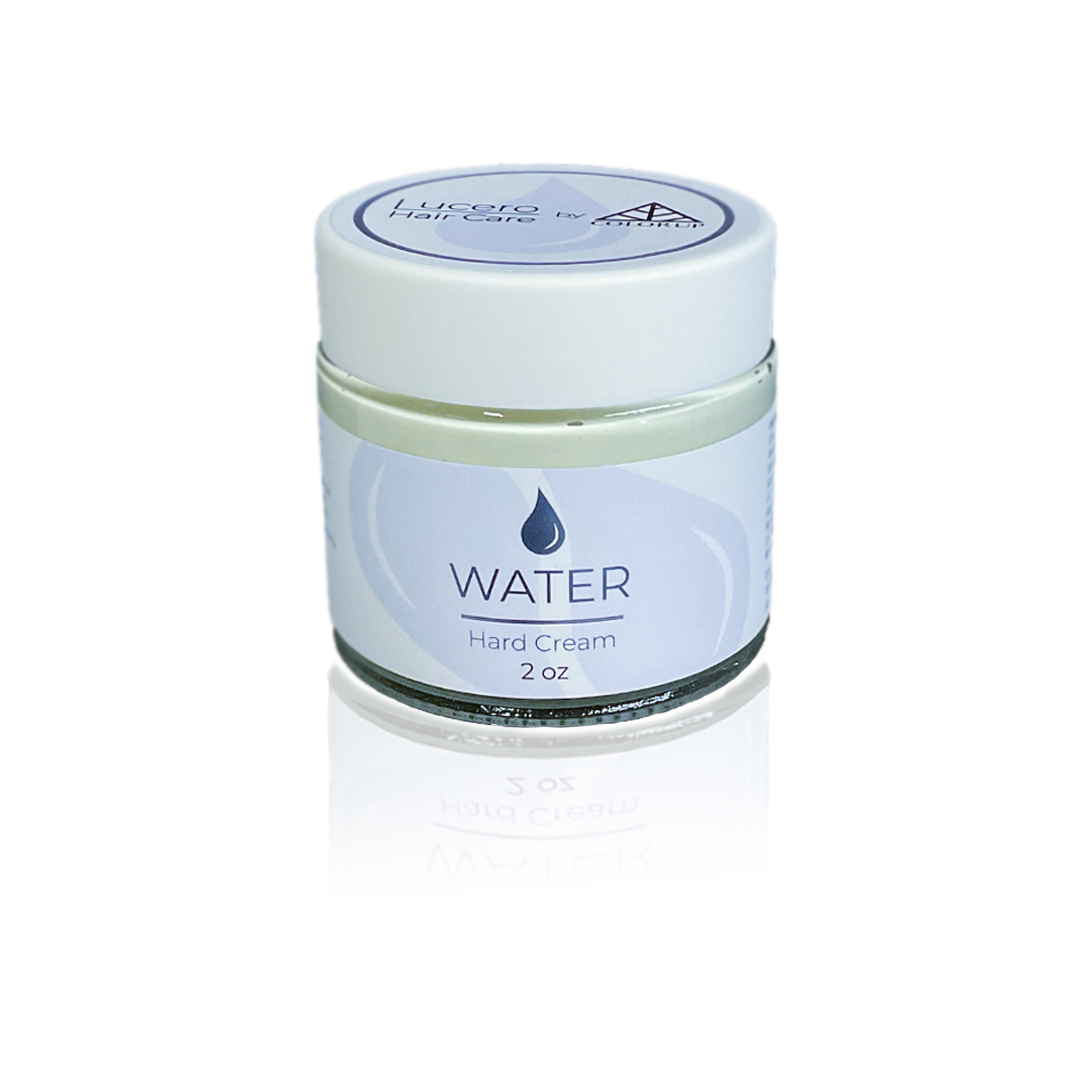 A small jar of water-themed hard cream with a white lid and a blue and white label.