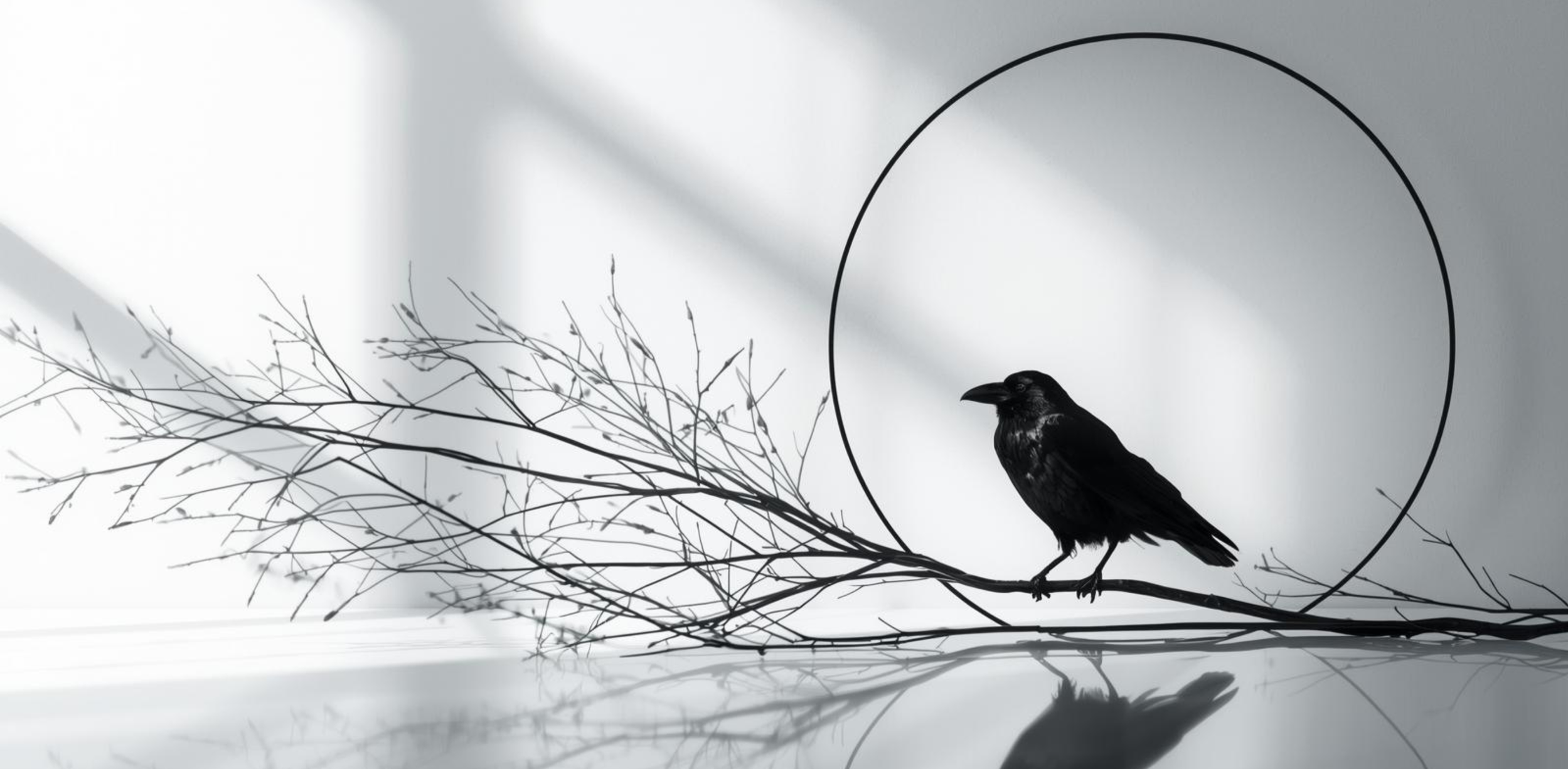 Raven sitting on a branch with a reflection and circle geometric shape, black and white