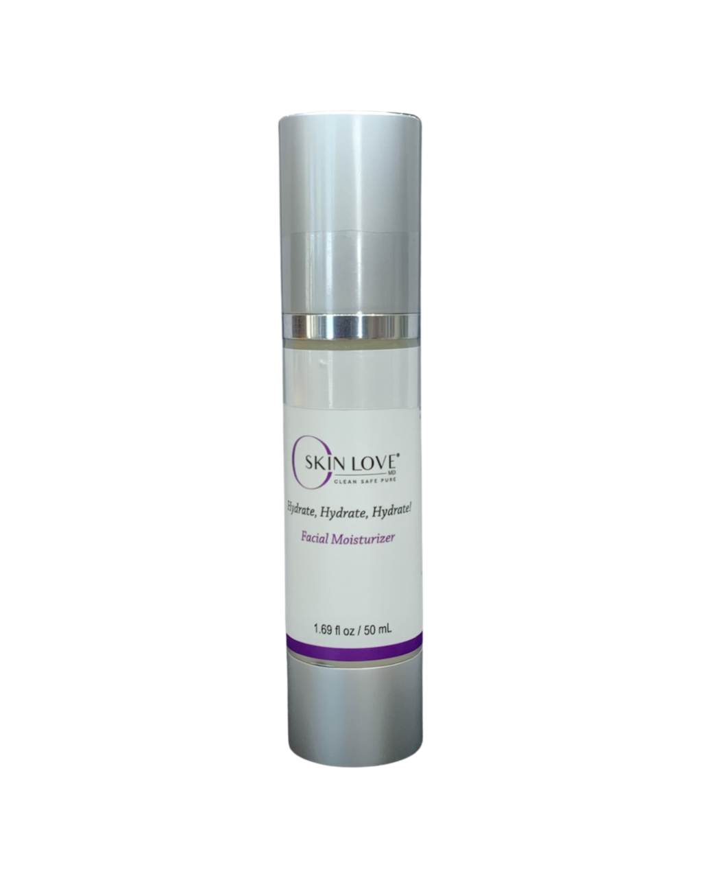 A white cylindrical bottle of Skin Love facial moisturizer with a silver cap and purple accents.