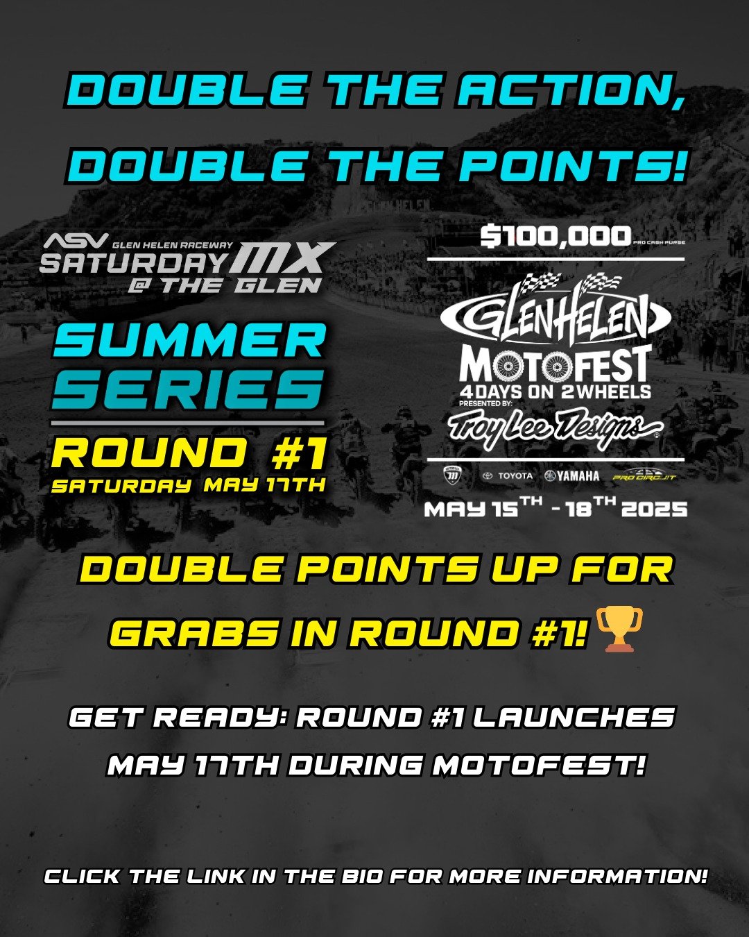 🔥 DOUBLE THE ACTION. DOUBLE THE POINTS. 🔥
Round #1 of Saturday MX @ The Glen Summer Series launches May 17th during MotoFest!
🏆 DOUBLE points up for grabs — and the racing is going to be next-level.
Be part of the madness. Be part of the