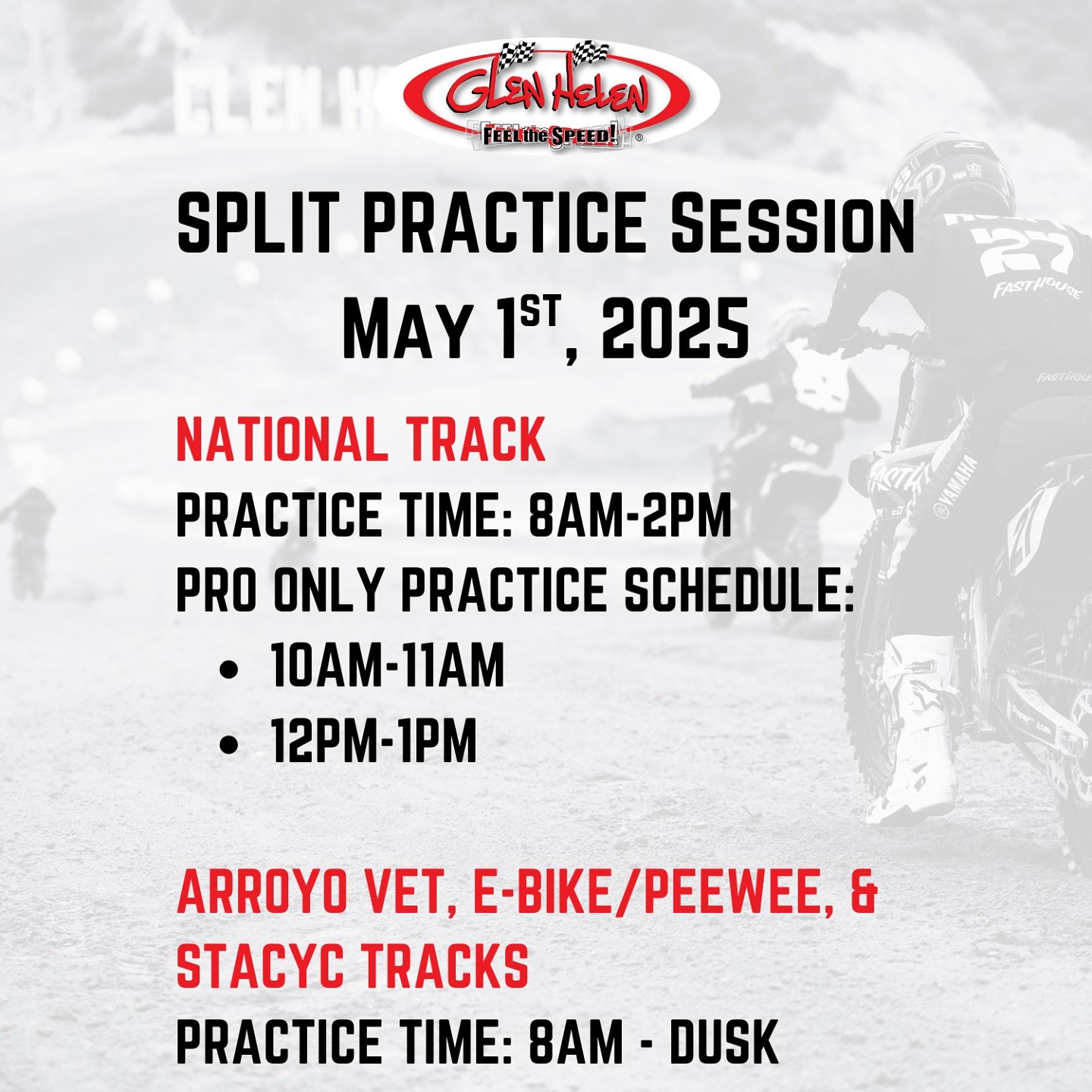 📣 Practice is ON for Tomorrow – May 1st!
We’re running Split Practice Sessions on the National Track ⏱️
🕗 National Track: 8AM–2PM
⚡️ Pro-Only Times:
🔹 10AM–11AM
🔹 12PM–1PM
🏁 All Other Tracks (Vet, E-Bike, Peewee,