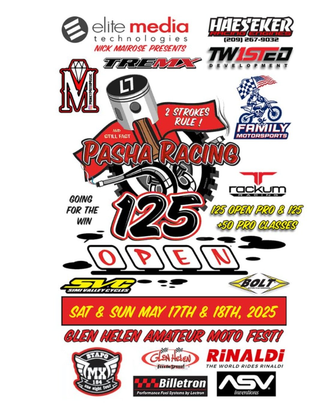 🚨 Just Added to MotoFest! 🚨
Two more races are hitting the schedule! @pasharacing is bringing the 🔥 with 125 Open Pro & 125 +50 Pro classes — now part of @glenhelenraceway’s 4-Day MotoFest lineup!
🗓 Saturday, May 17 – 2-Mo