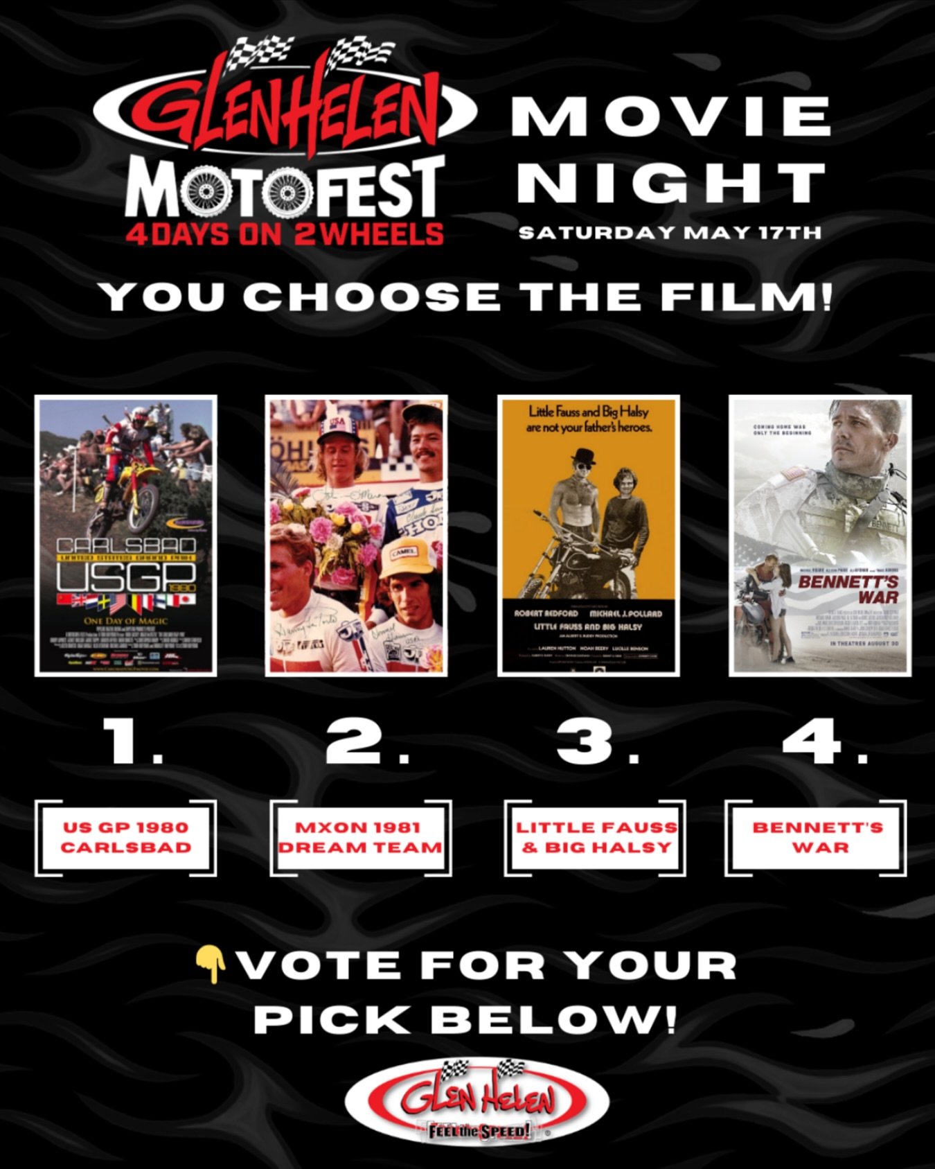 🎬 MotoFest Movie Night is coming to Glen Helen! 🎬
Saturday, May 17th — and YOU get to choose the film!
📽️ Which legendary moto flick do you want under the stars?
1️⃣ US GP 1980 Carlsbad
2️⃣ MXON 1981 Dream Team
3️⃣ Little Fauss & Big Ha