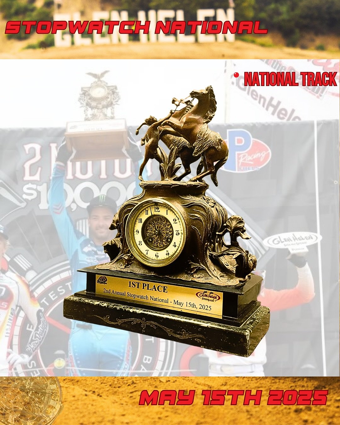 🏆 The Trophy That Says It All
Bragging rights aren’t the only thing on the line at the Stopwatch National — this custom trophy (and a slice of the $100K pro cash purse) is waiting at the top.
🗓️ May 15–18 at Glen Helen Raceway
?