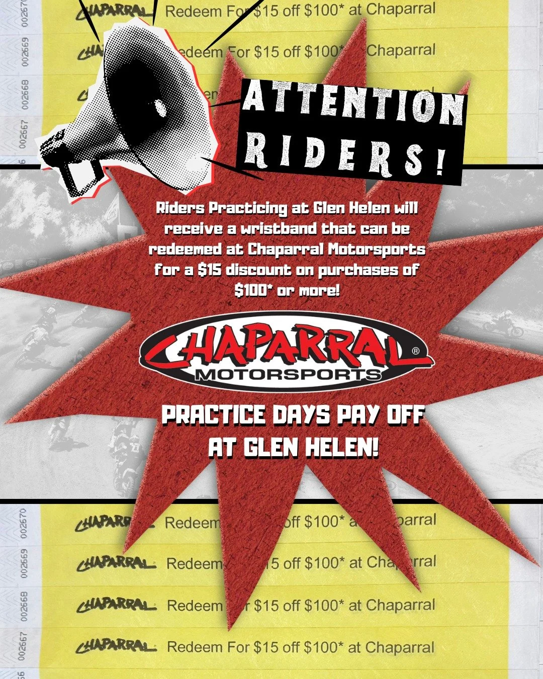 Earn While You Burn Laps 🔥
When you roll into Glen Helen for a practice day, you’re not just getting faster — you’re getting rewarded. Every rider gets a wristband that can be redeemed at @chaparralmoto for $15 off any purchase of