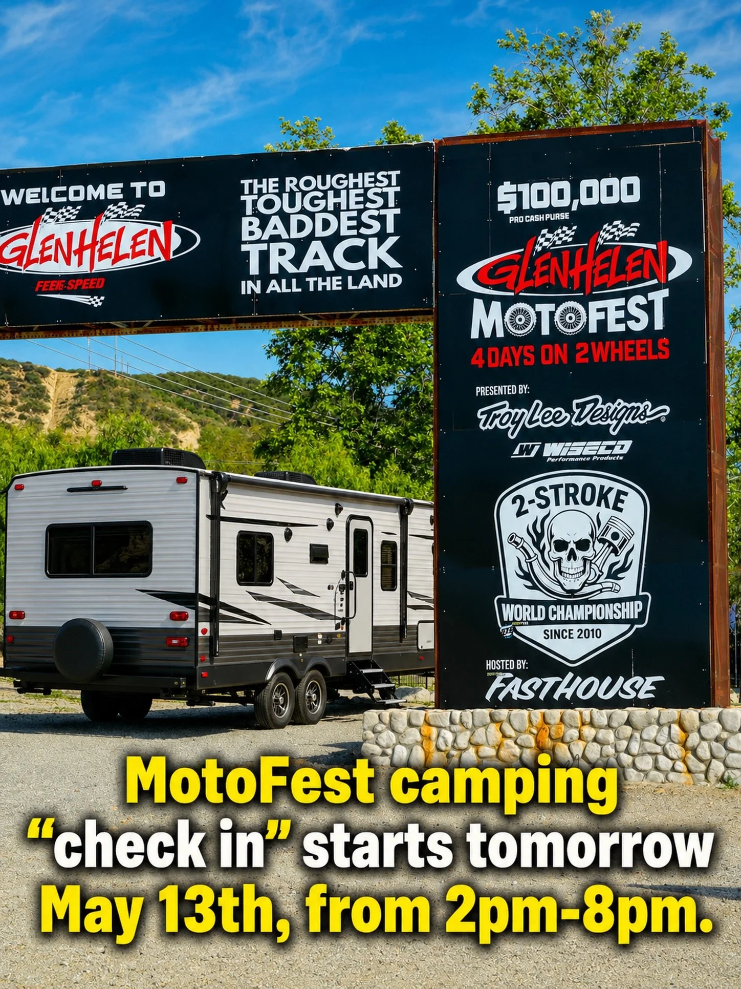 CAMPING &ldquo;Check in&rdquo; starts Wednesday May 13th from 2pm-8pm.  Come settle in your favorite spot and get ready to enjoy MotoFest 2026!  See you tomorrow. 🚐🚛🚌

Visit GlenHelen.com for more MotoFest details.