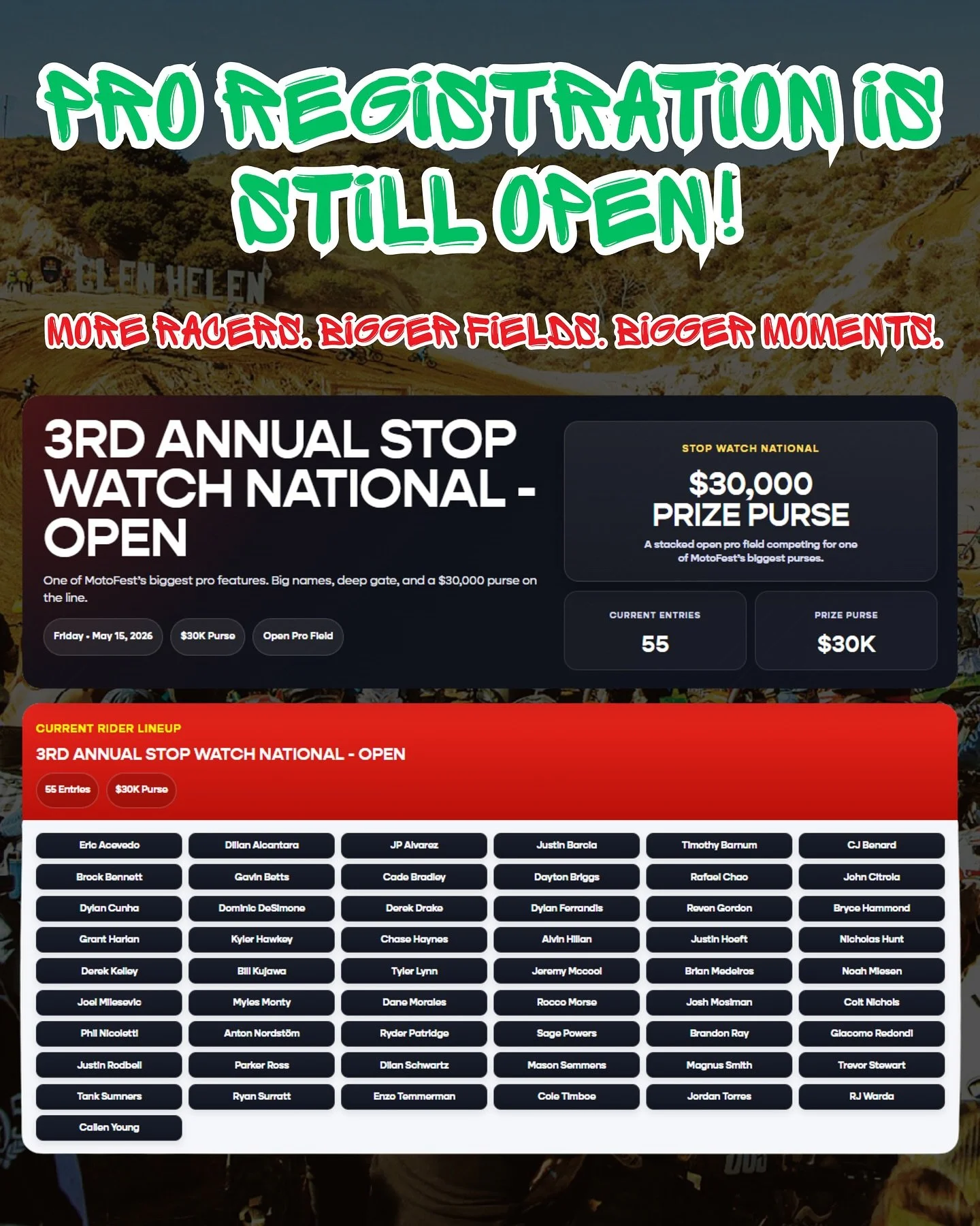 MotoFest pro entries are stacking up. 🔥

The Stopwatch National, 450 Pro Showcase, and 250 Pro Showcase fields are already bringing in serious talent and registration is still open.

Check out the current rider lineups and see who&rsquo;s already lo