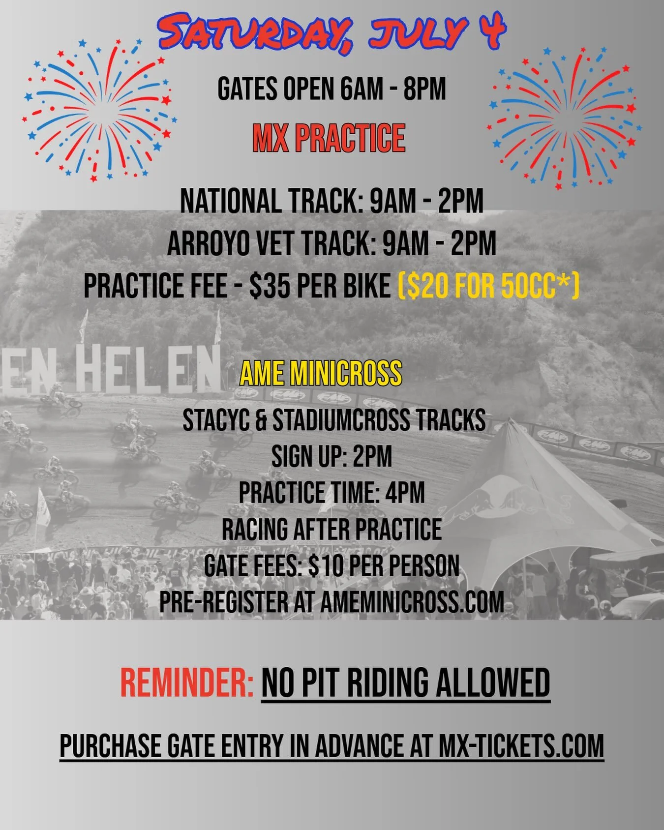 ‼️SATURDAY UPDATE‼️ Please note that only the National and Arroyo tracks are open for practice this Saturday. The Stadiumcross and Stacyc tracks will be closed for track prep for @minicross_ame &lsquo;s Hot Summer Nights Series. 

#glenhelenraceway #