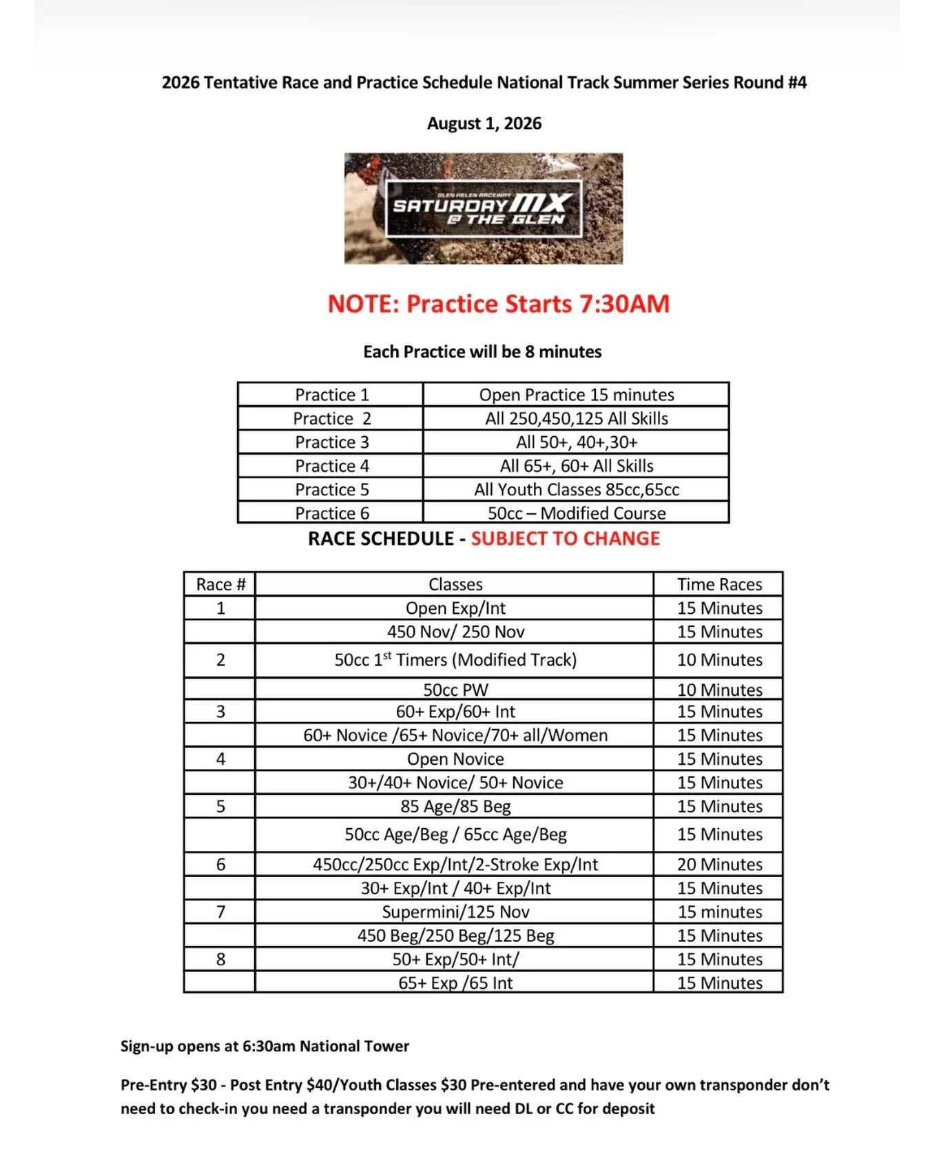 We&rsquo;re coming in hot to Round #4 of the Saturday MX at Glen&rsquo;s 2026 Summer Series sponsored by ASV Inventions. 

🚨Practice starts EARLY at 7:30am!!🚨

It&rsquo;s gonna be a hot one, so please make sure to hydrate before coming out and brin