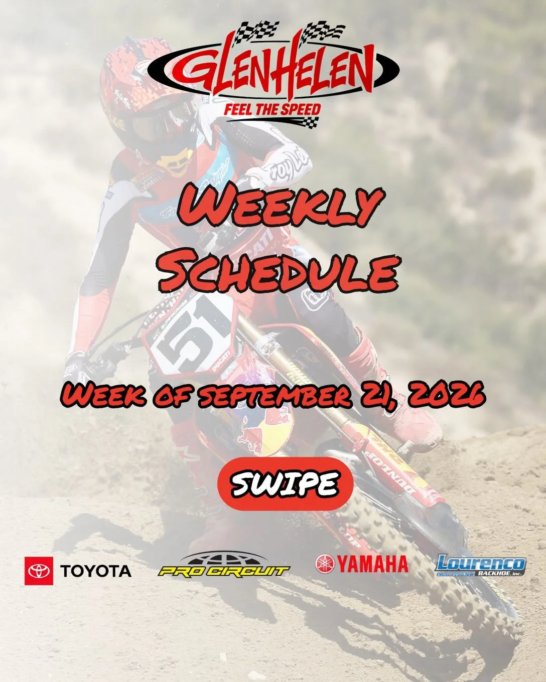 &diams;️ Tuesday: Practice on all MX tracks &amp; the Truck Track
&spades;️ Thursday: Practice on all MX tracks &amp; AME Minicross
&diams;️ Saturday: Saturday MX at the Glen, ARX Racing, and SRA Night Race, &amp; MX Practice.
&spades;️ Sunday: SRA G