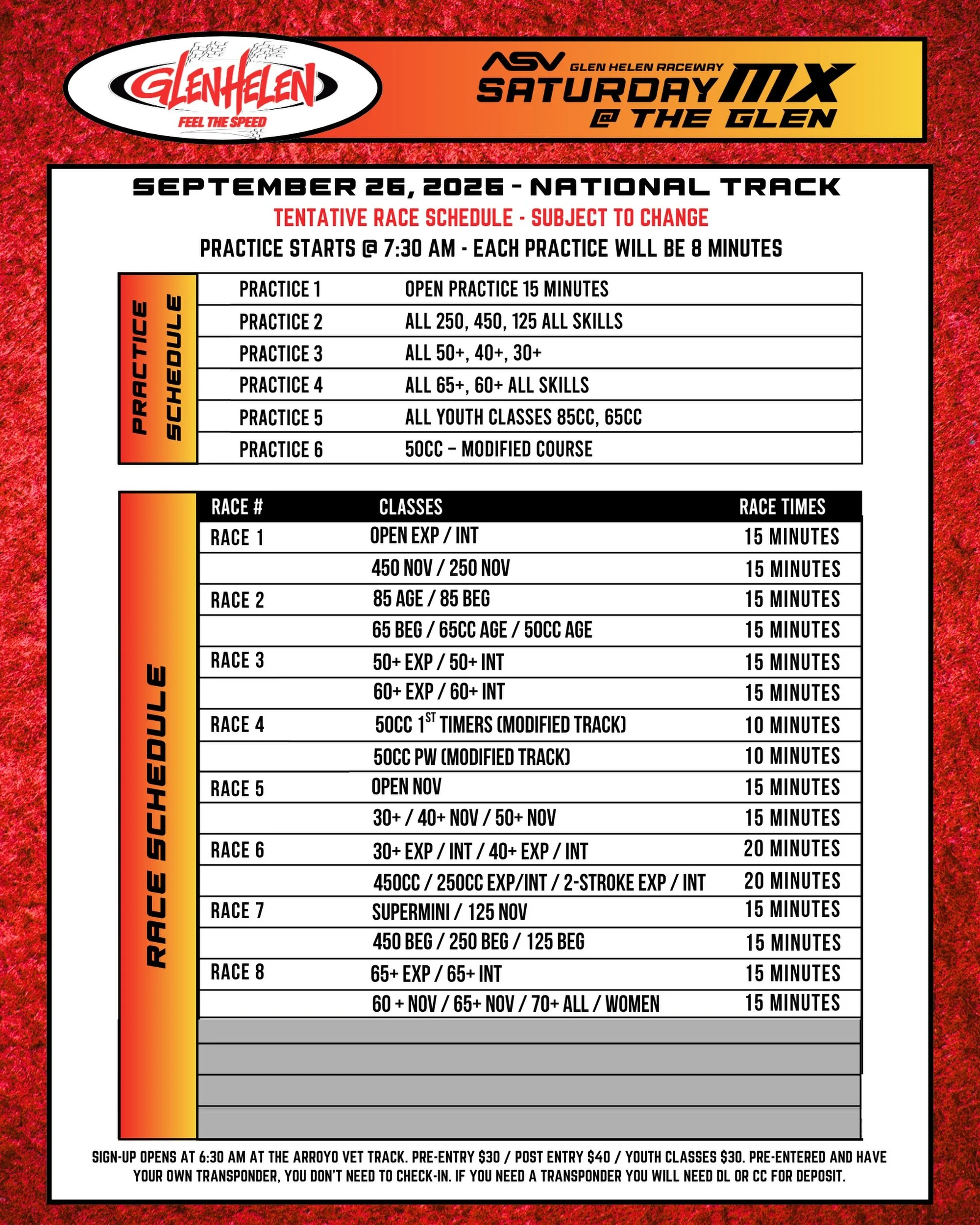 DOUBLE POINTS for Saturday Mx at Glen Helen this weekend Sept 26th!  Here is our detailed schedule for everyone on the gate. 

Who&rsquo;s lining up this saturday for round #3?

GlenHelen.com for more info.