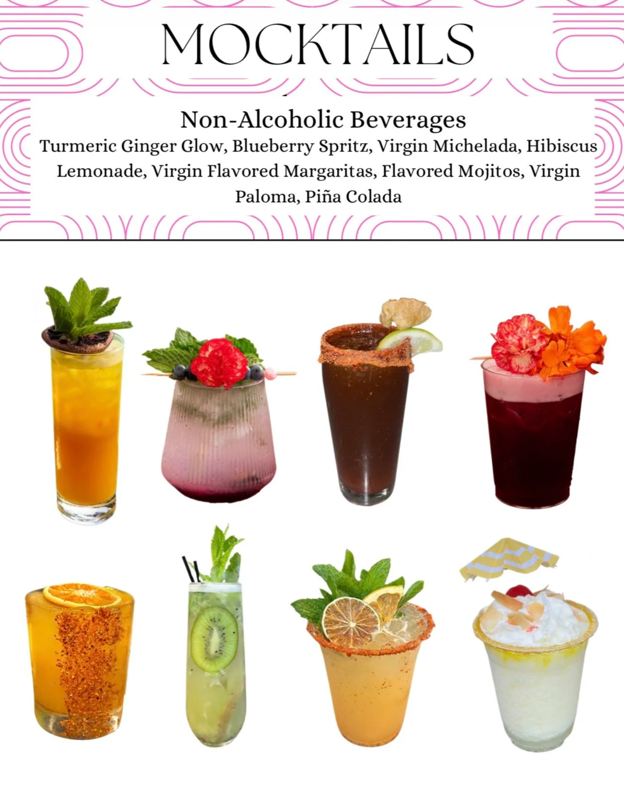 A menu featuring an assortment of colorful mocktail drinks with fruit garnishes, including orange, kiwi, citrus, and floral decorations.