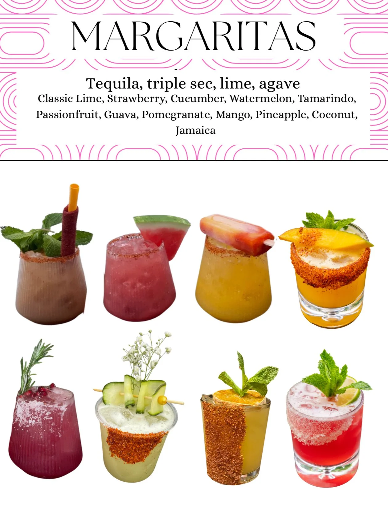 A menu showcasing various margarita drinks with different ingredients and garnishes, including mint, fruit slices, and colorful rims.