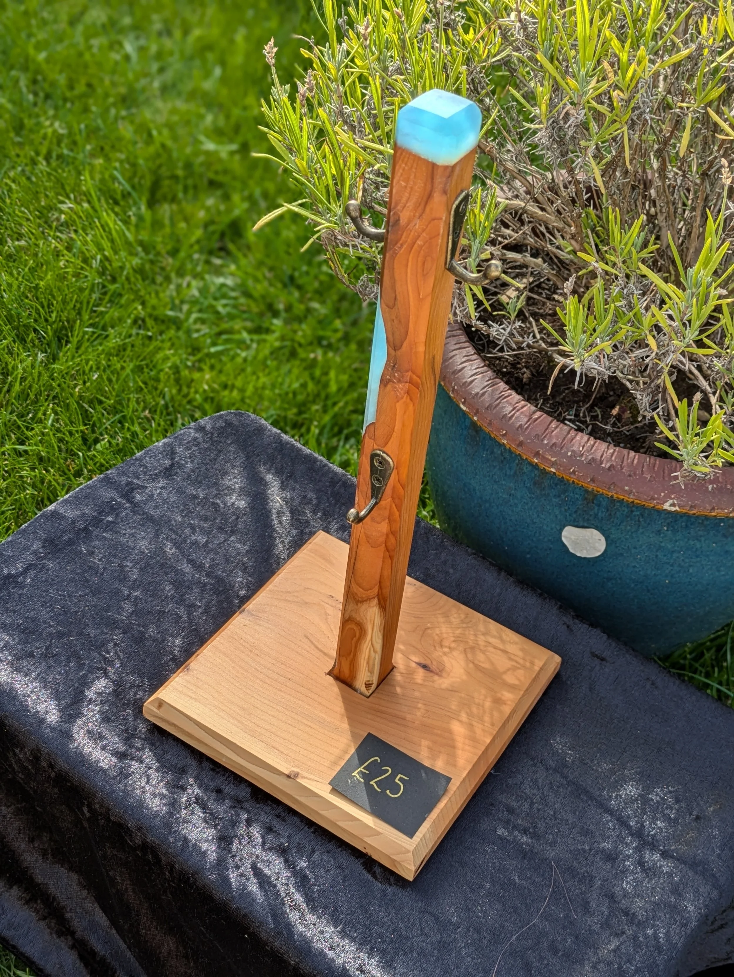 A bonsai tree stands in a blue ceramic pot on a black tablecloth. The tree is supported by a wooden stand with metal brackets, and the price tag shows £25.