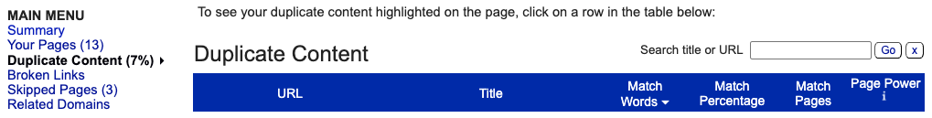 Siteliner duplicate content check