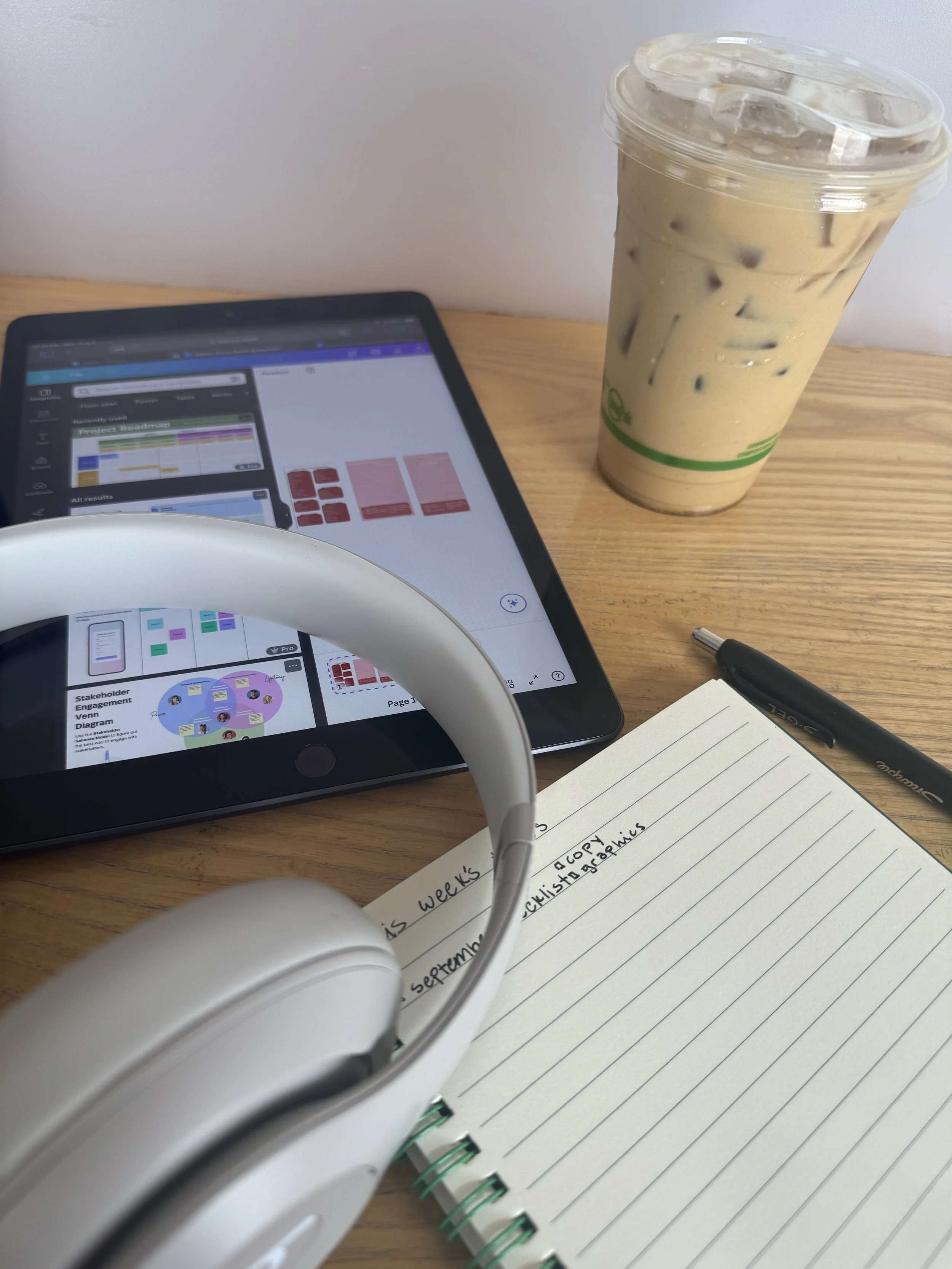 tablet showing ux layout for sitewide page elements with headphones, a notebook, and a full iced coffee